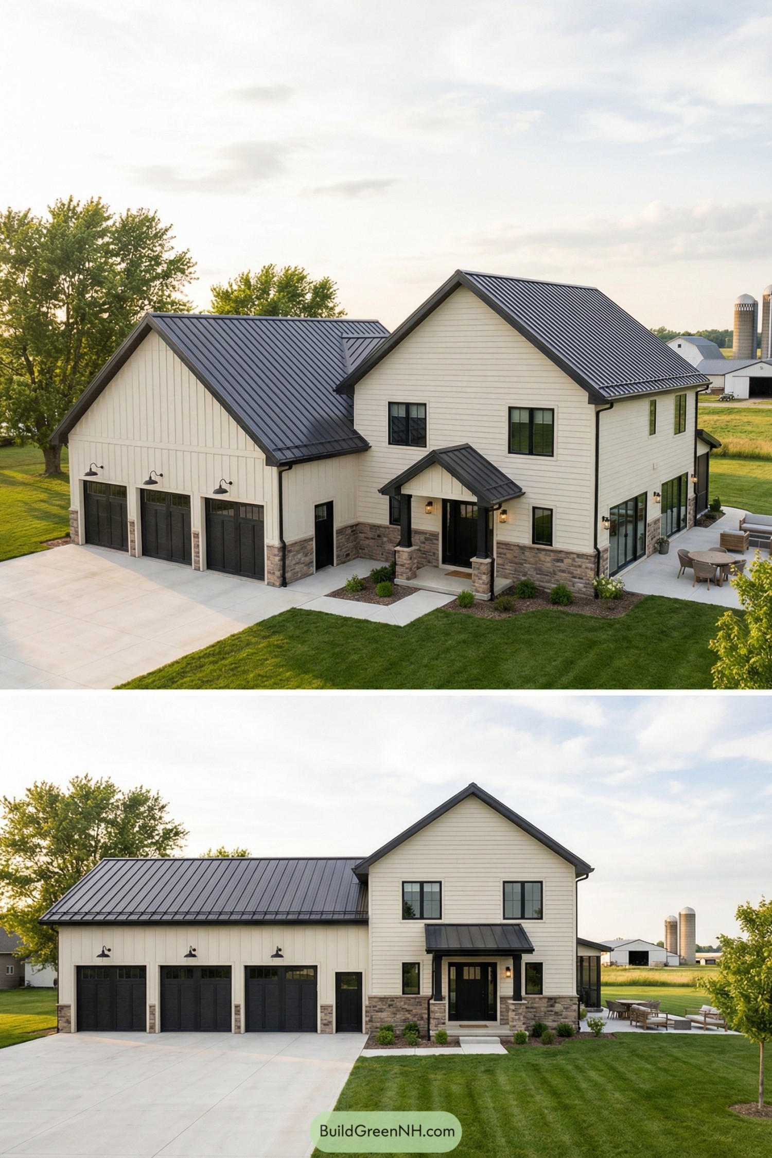 Spacious cream farmhouse with four-bay black garage and metal gable roof on a manicured rural lot