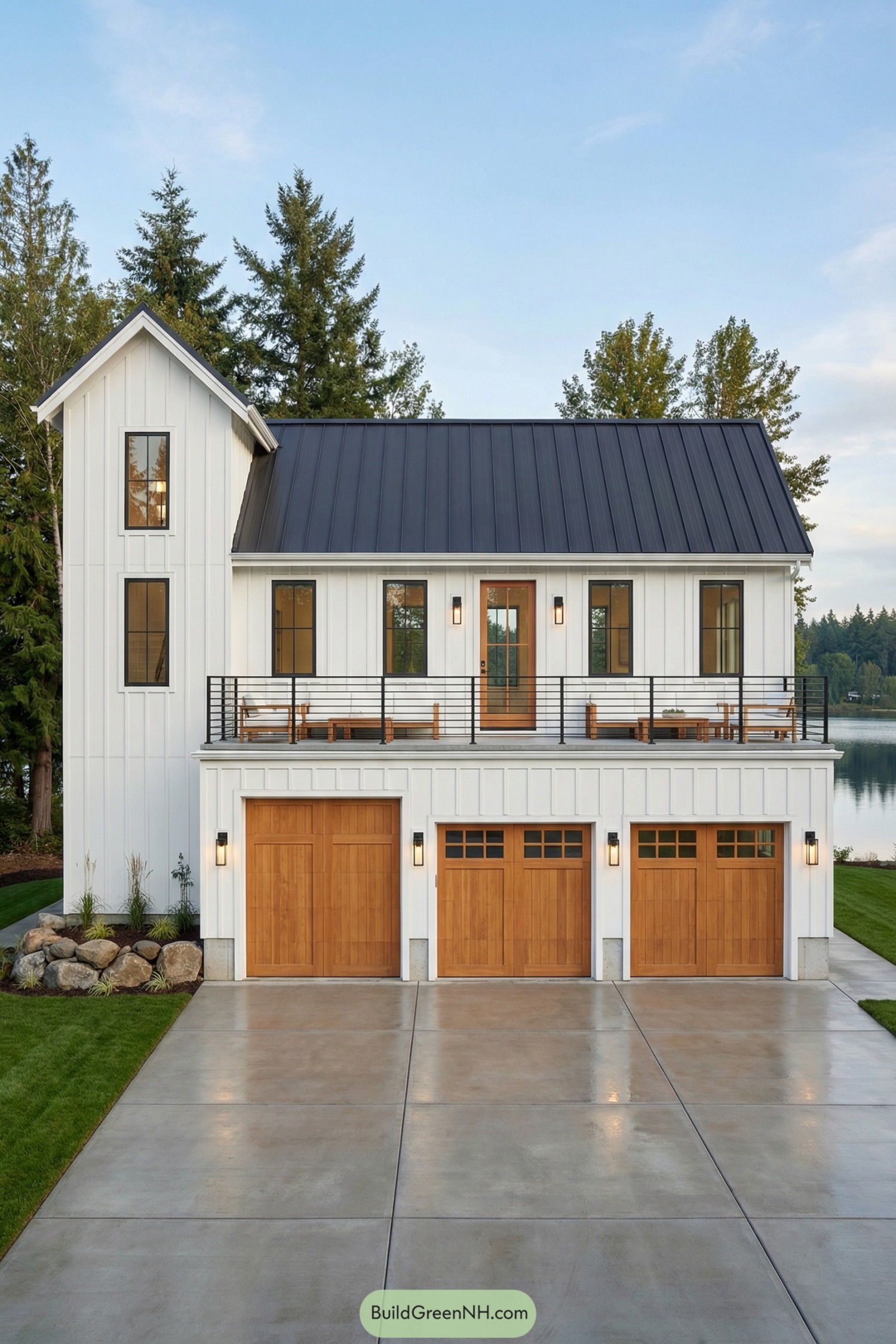 Modern white board-and-batten garage house with triple wood doors, black metal roof, and upper-level balcony facing the lake. Tall side tower with vertical windows anchors the design among surrounding trees