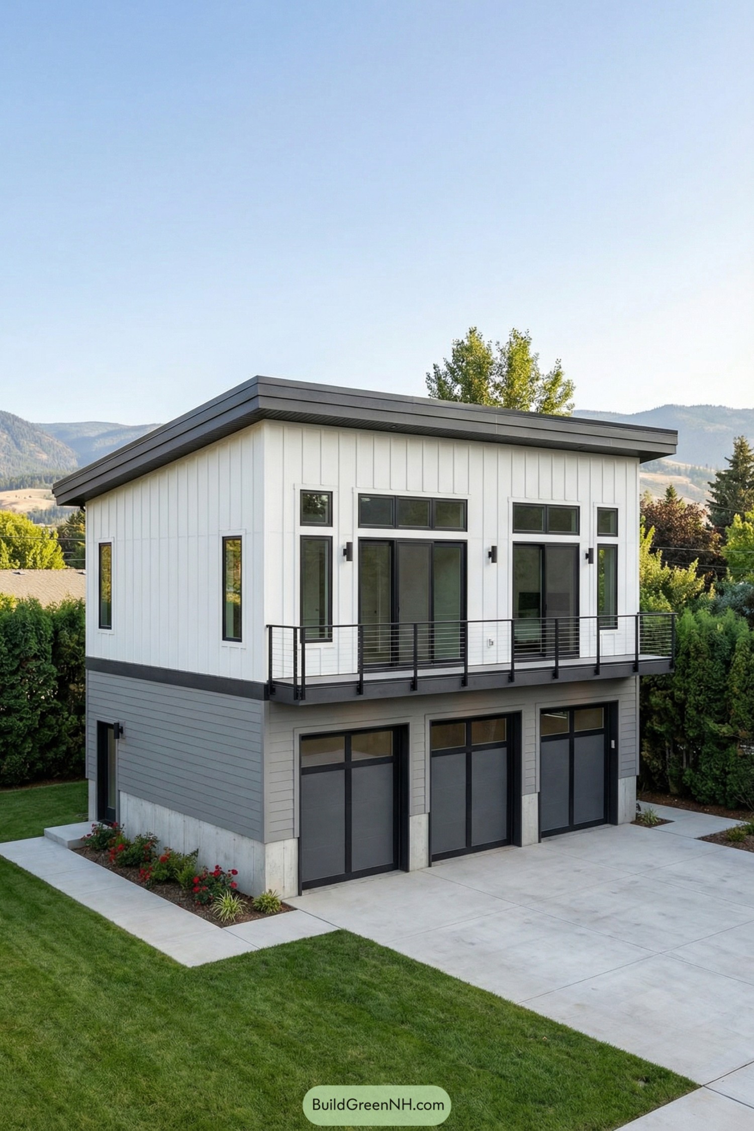 Modern two-story garage with three bays and upper-level balcony