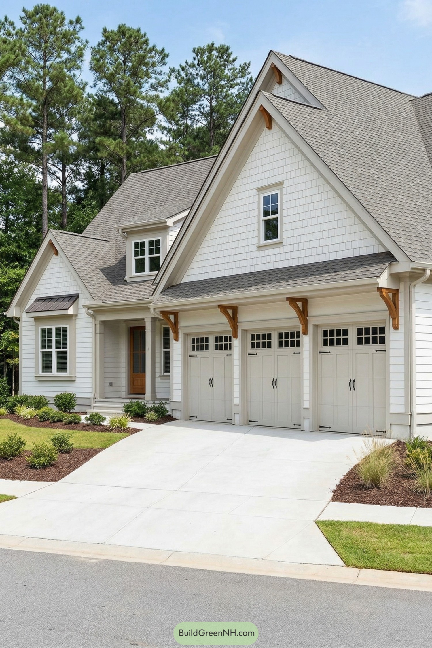 Creamy white three-car garage house with gables and wood accents