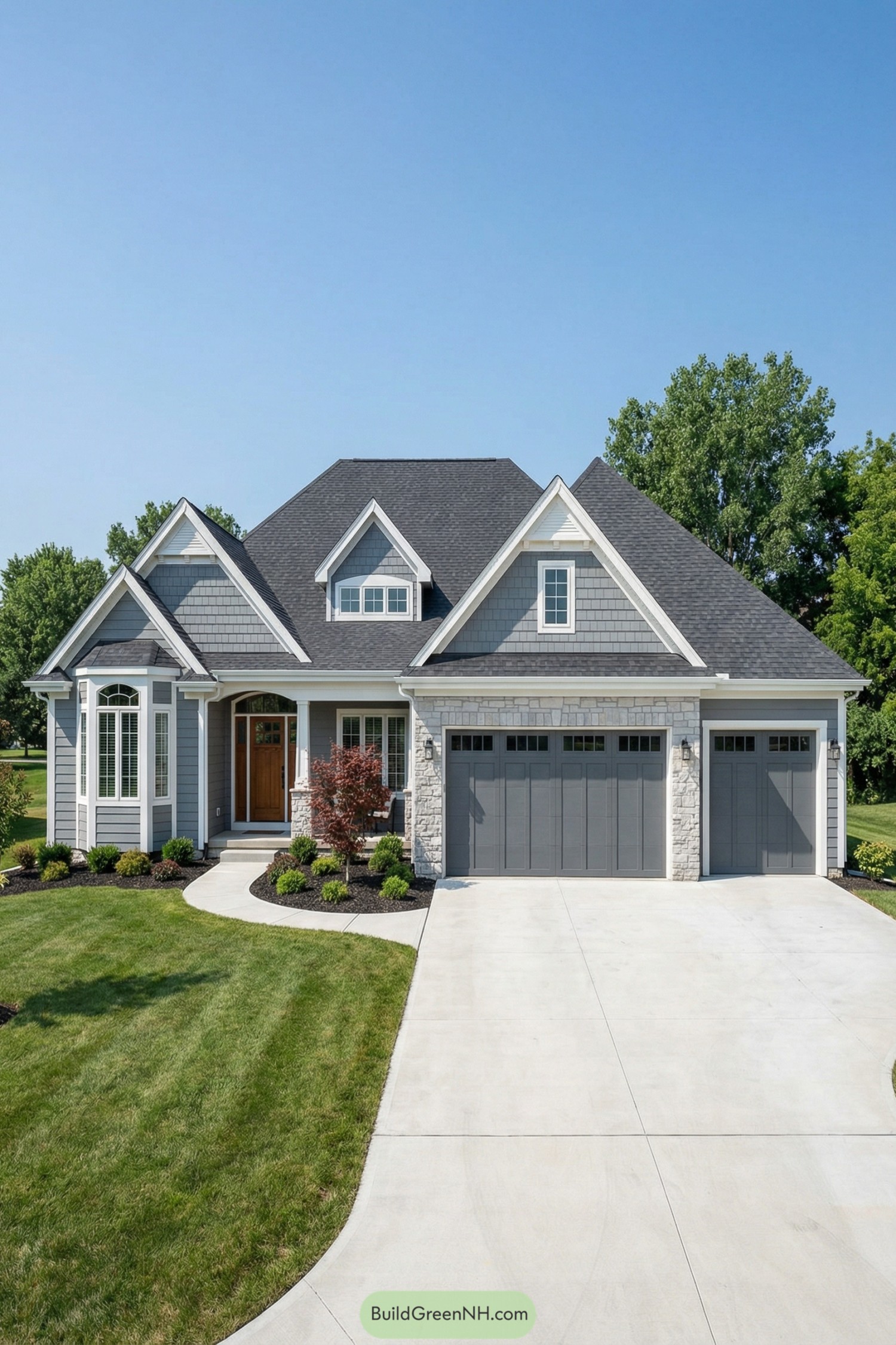 Gray craftsman-style house with triple garage, stone accents, and manicured front lawn