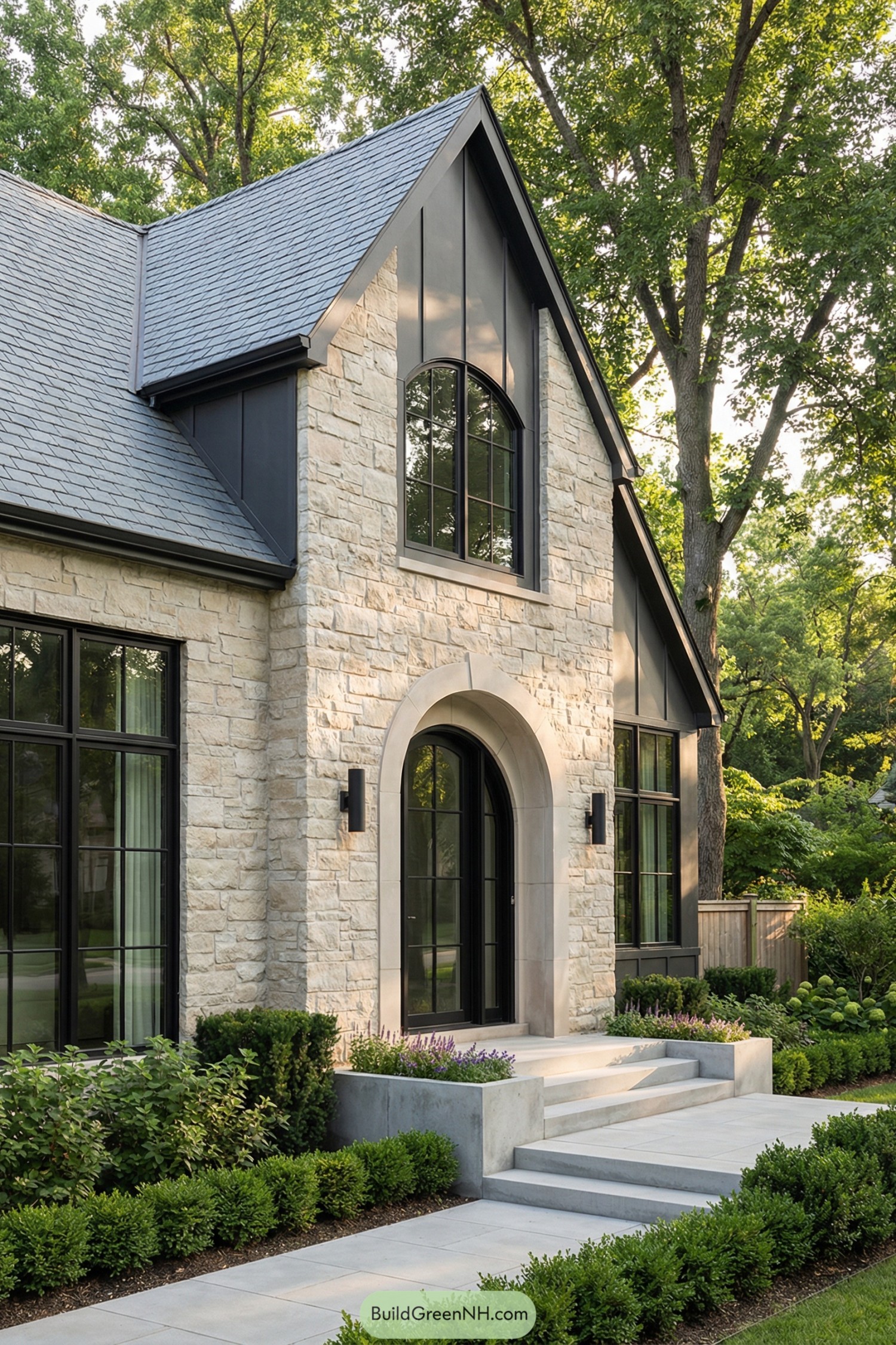 Modern stone house with dark arched door and upper arched window, framed by slate gables and lush landscaping