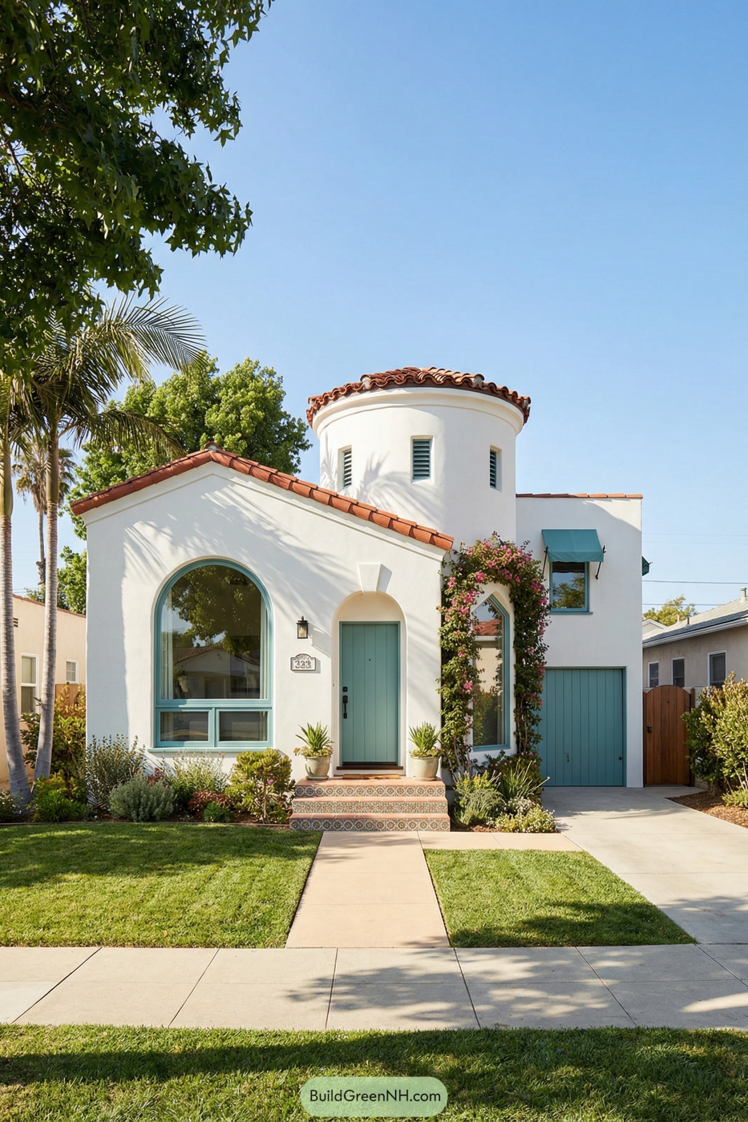 White stucco bungalow with round turret, teal doors, and large arched window framed by colorful landscaping