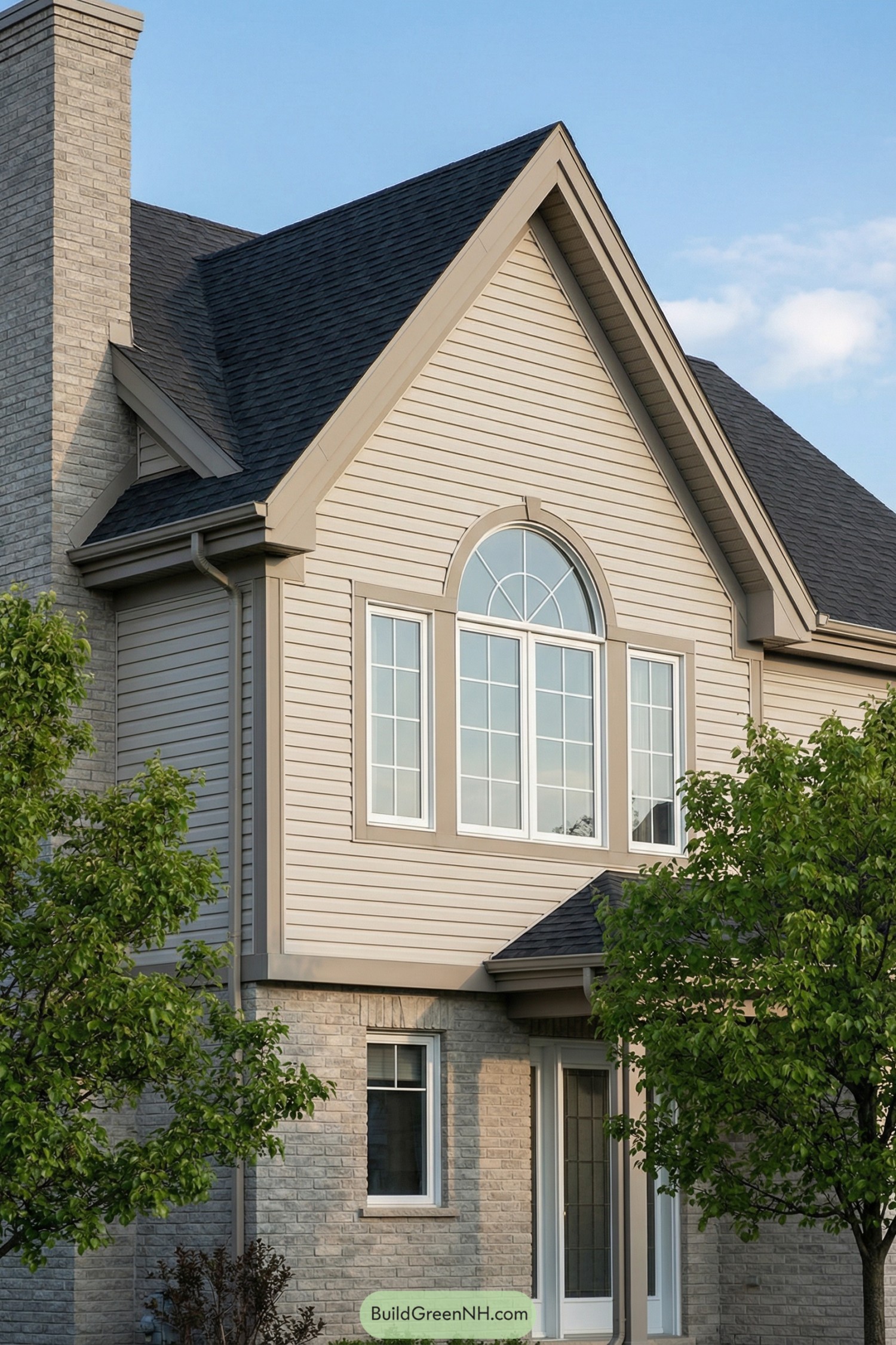 Two-story beige house exterior with large arched window centered in a front gable