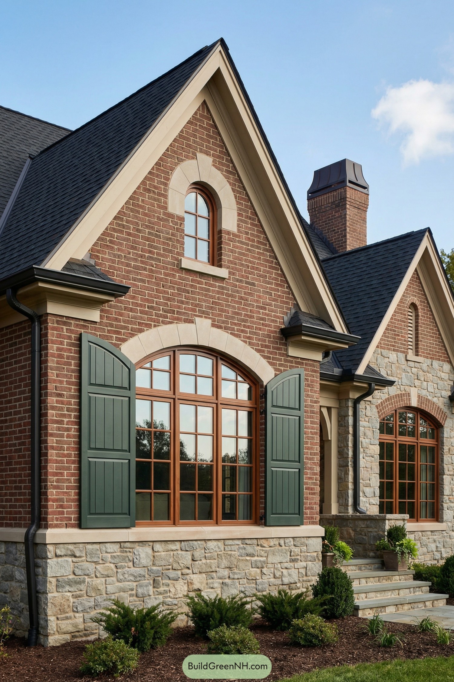 Brick and stone house with large arched windows and green shutters