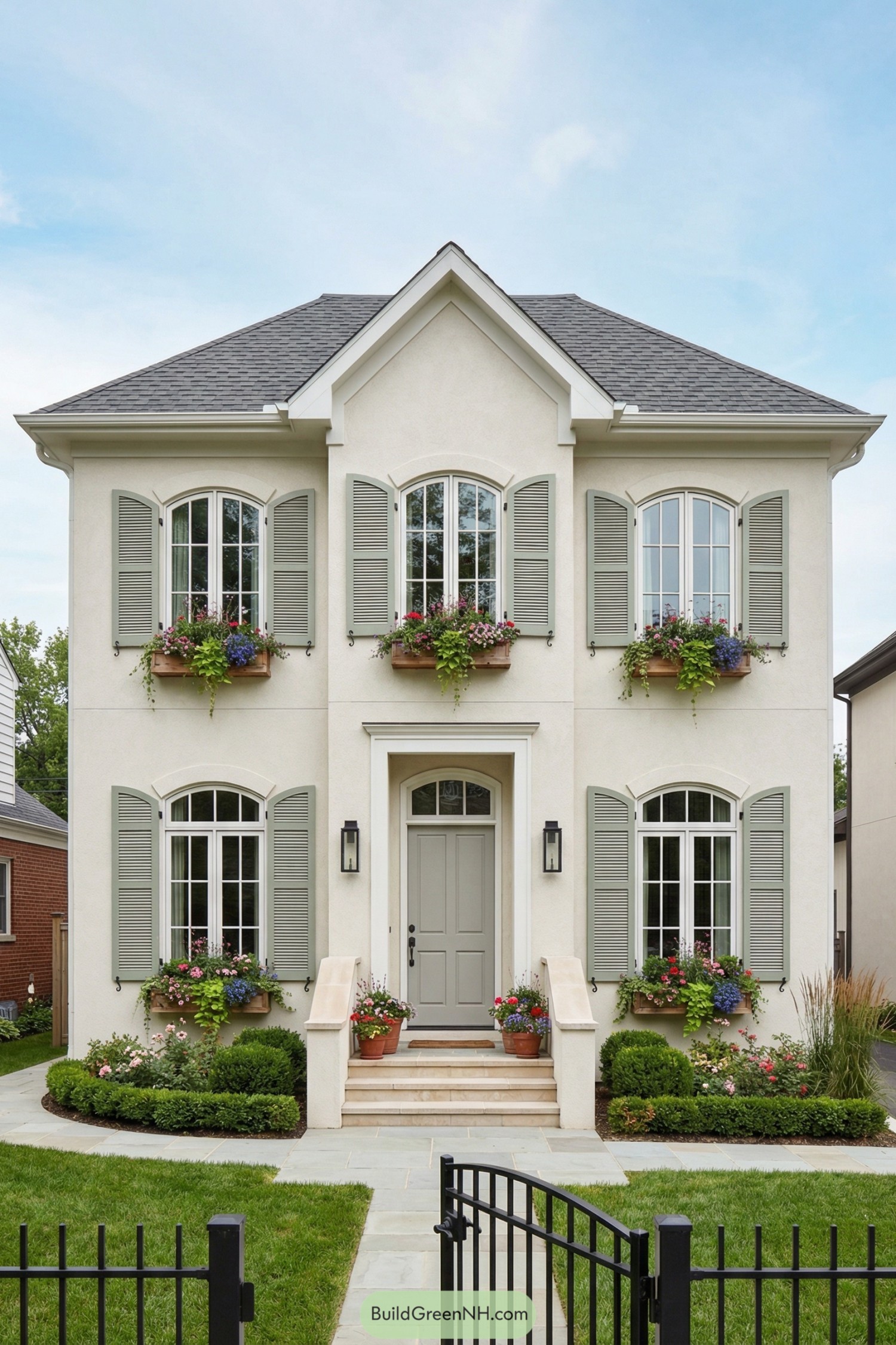 Cream stucco two story home with arched shuttered windows and lush flower boxes