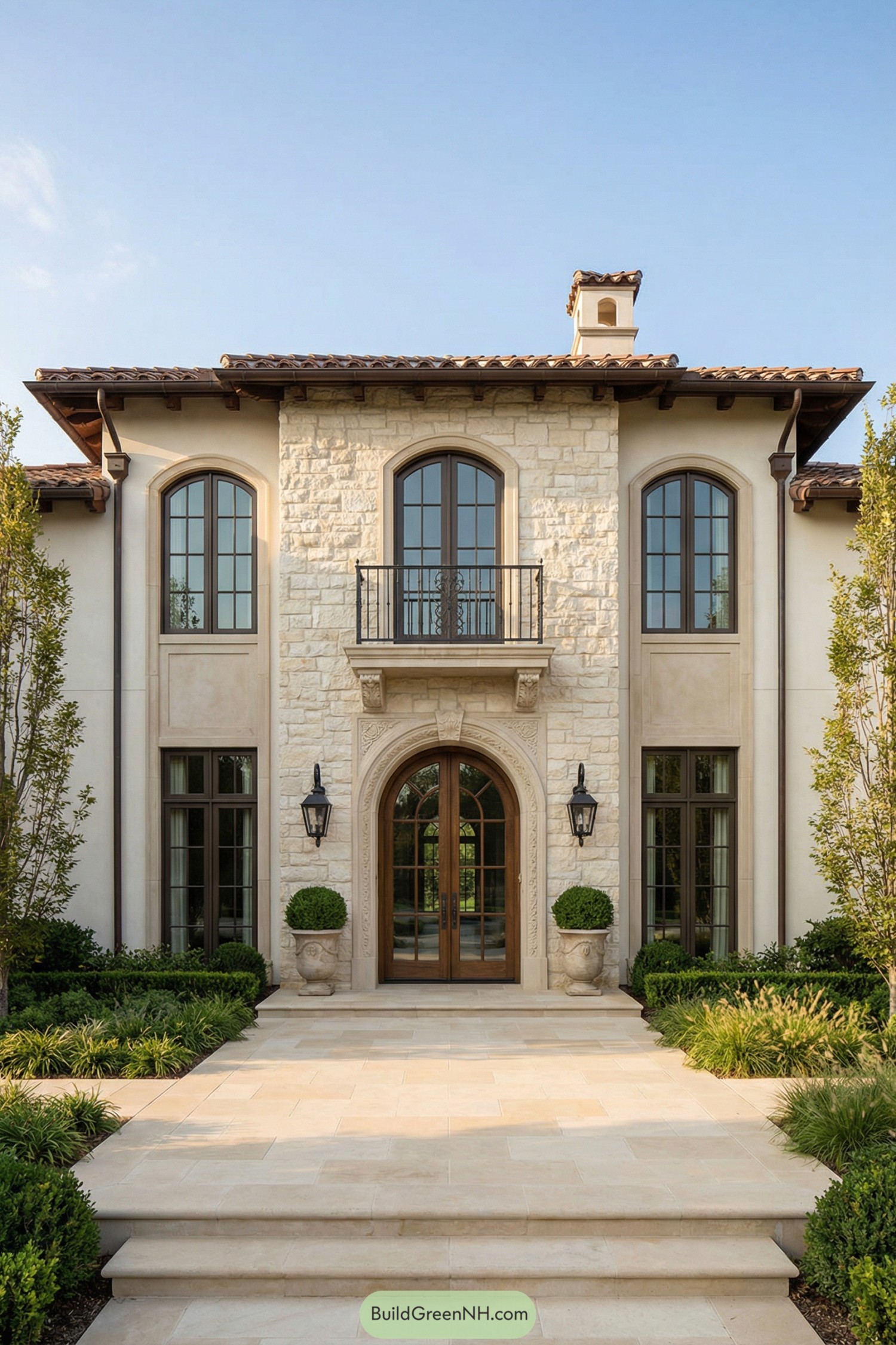 Elegant two story stone front home with tall arched doorway and matching windows framed by manicured landscaping