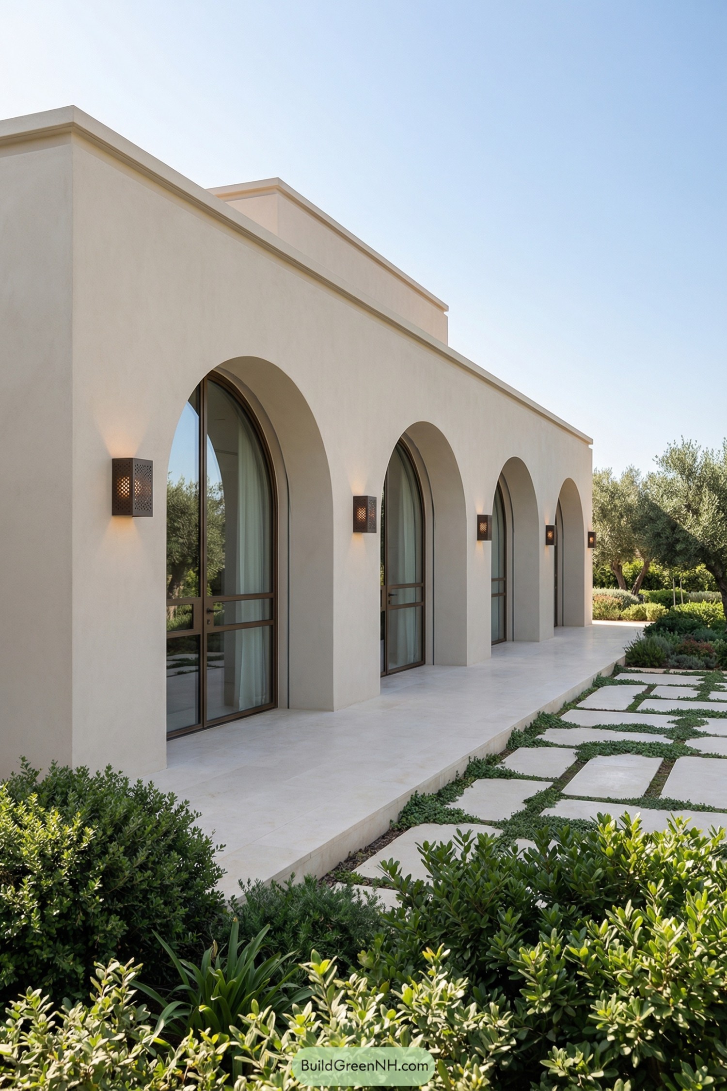 Modern stucco wing with tall arched glass doors opening to a paved garden path