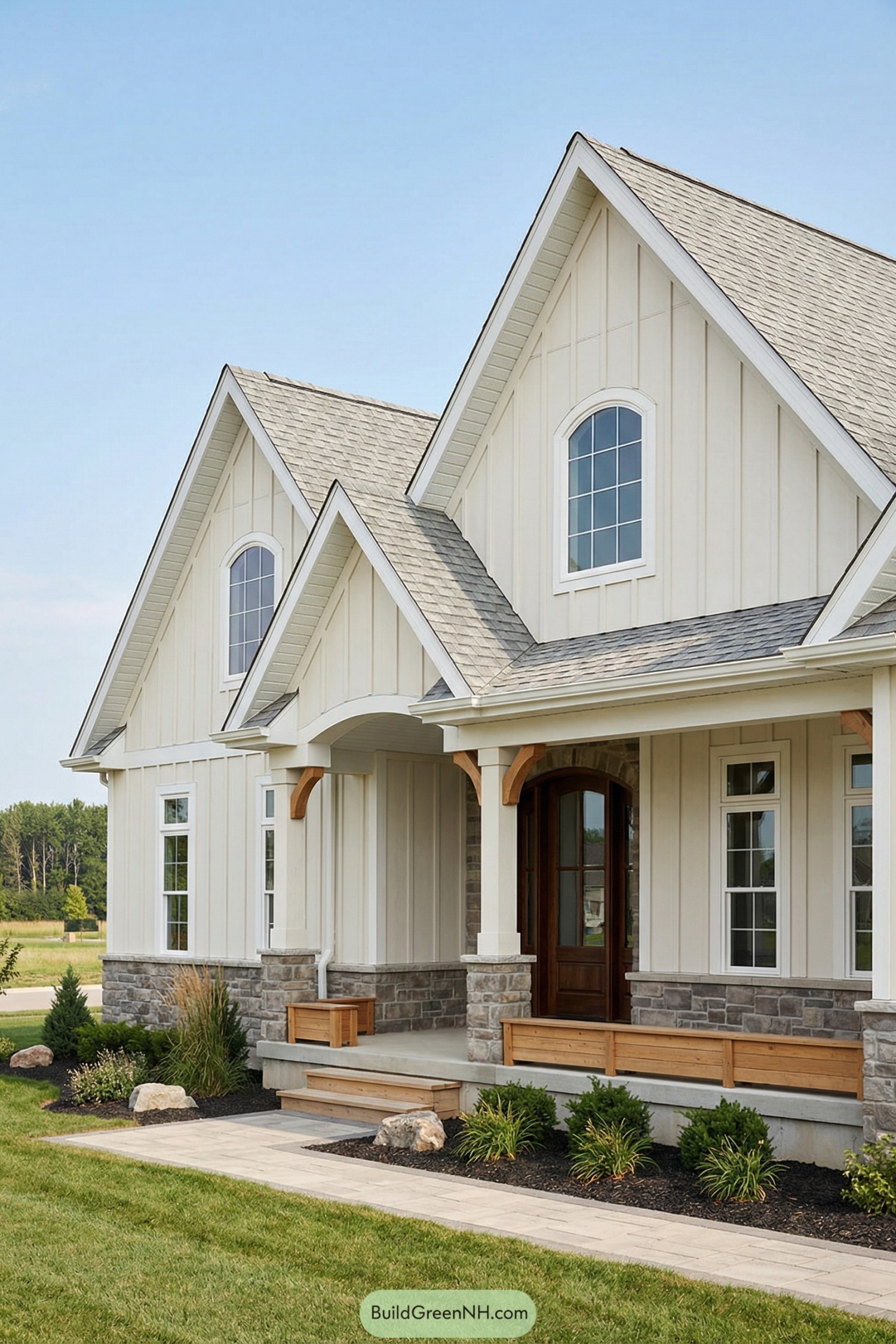 Cream farmhouse exterior with arched windows