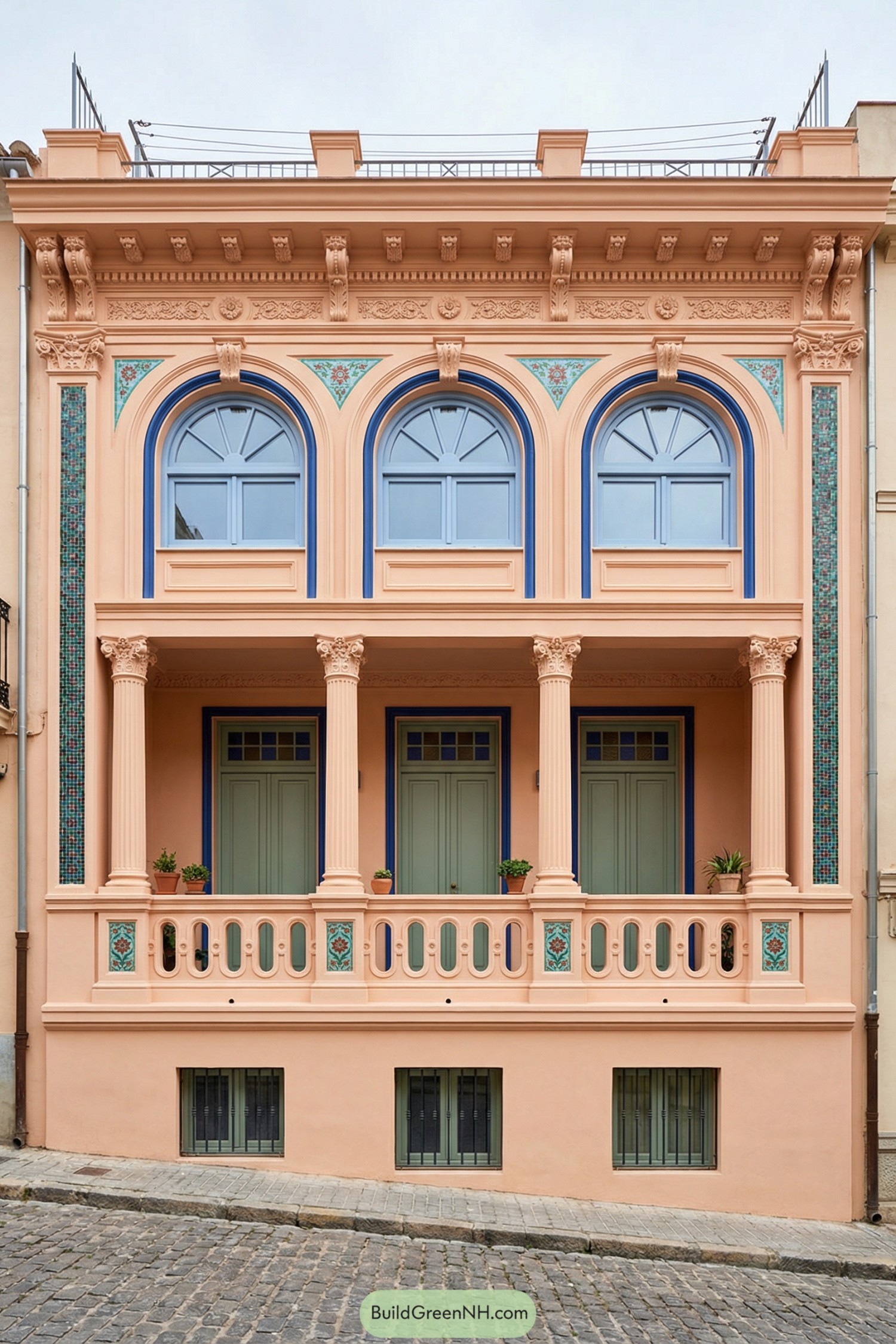 Peach-colored townhouse facade with tall arched windows, classical columns, and colorful tile accents
