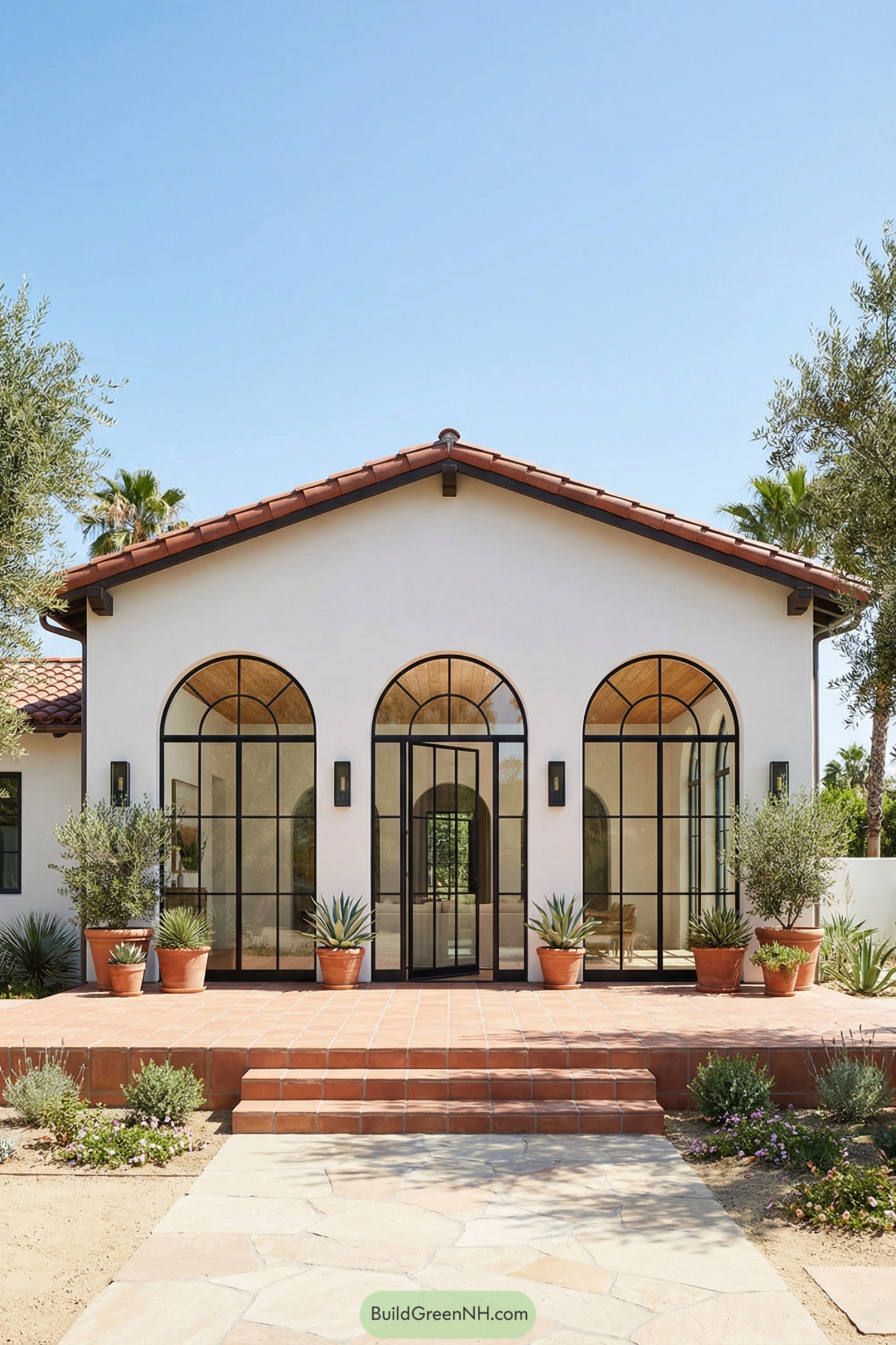 Stucco house facade with tall black metal arched windows, terracotta roof tiles, and potted desert plants on a tiled front terrace