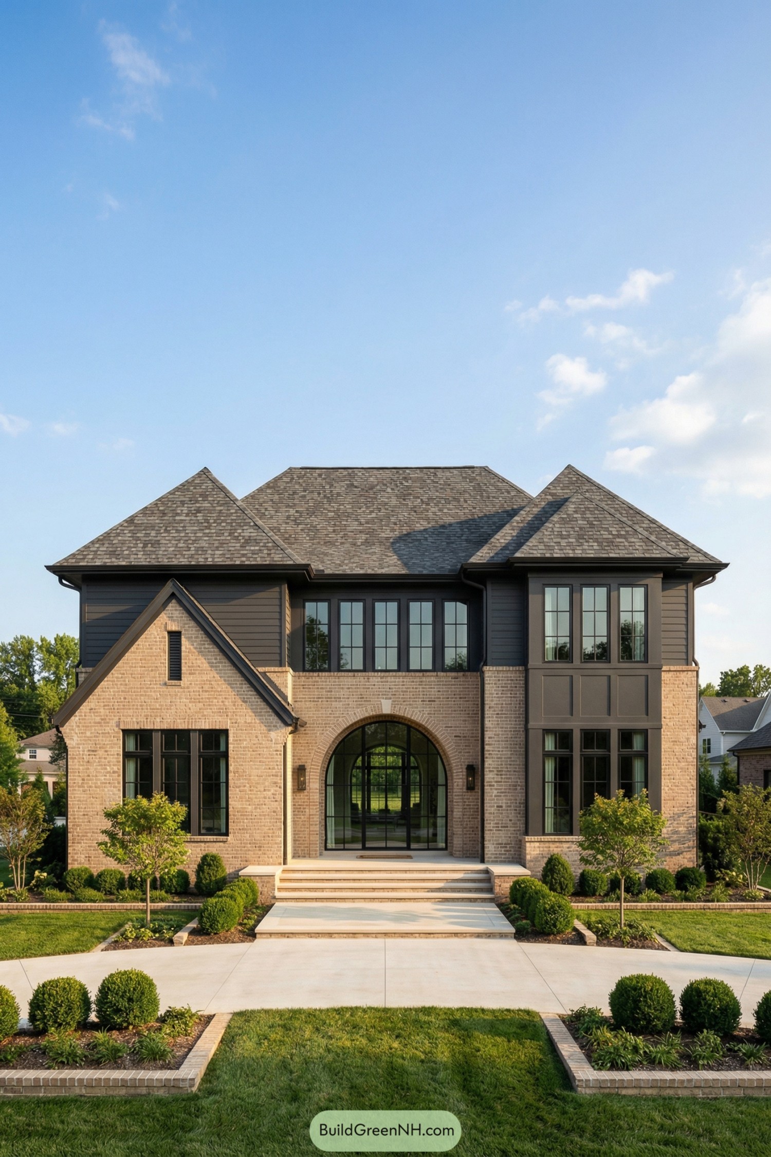 Two story brick house with large central arched glass entry and dark siding accents. Symmetrical front yard with trimmed shrubs and straight concrete walkway
