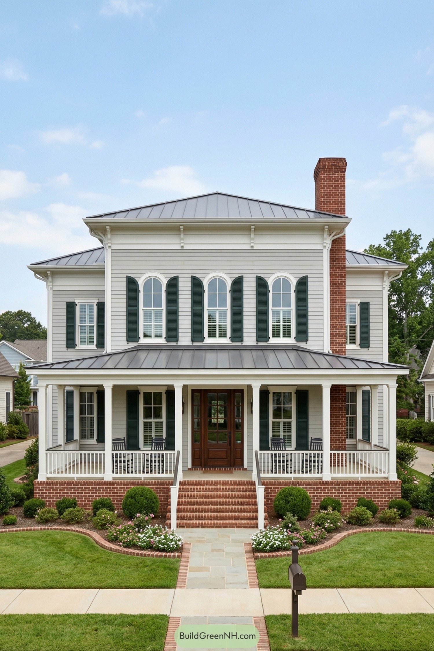 Two story traditional house with arched upper windows green shutters deep front porch and brick steps leading through manicured landscaping