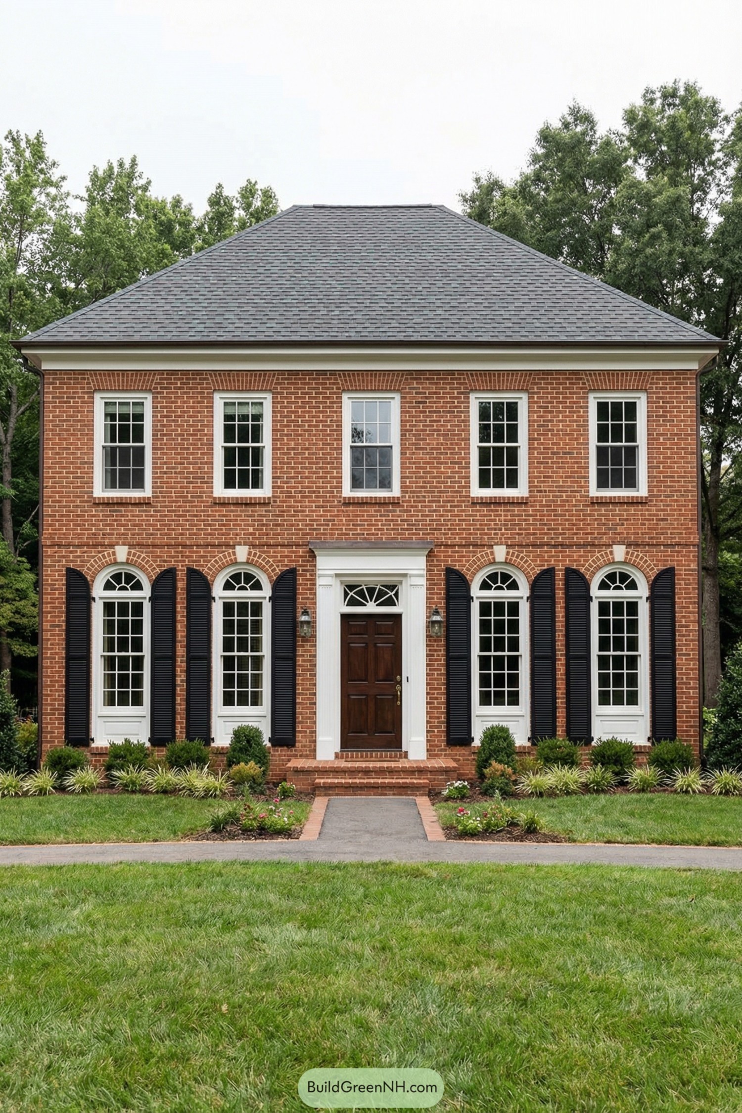 Red brick two story home with tall arched windows black shutters and centered wood entry door