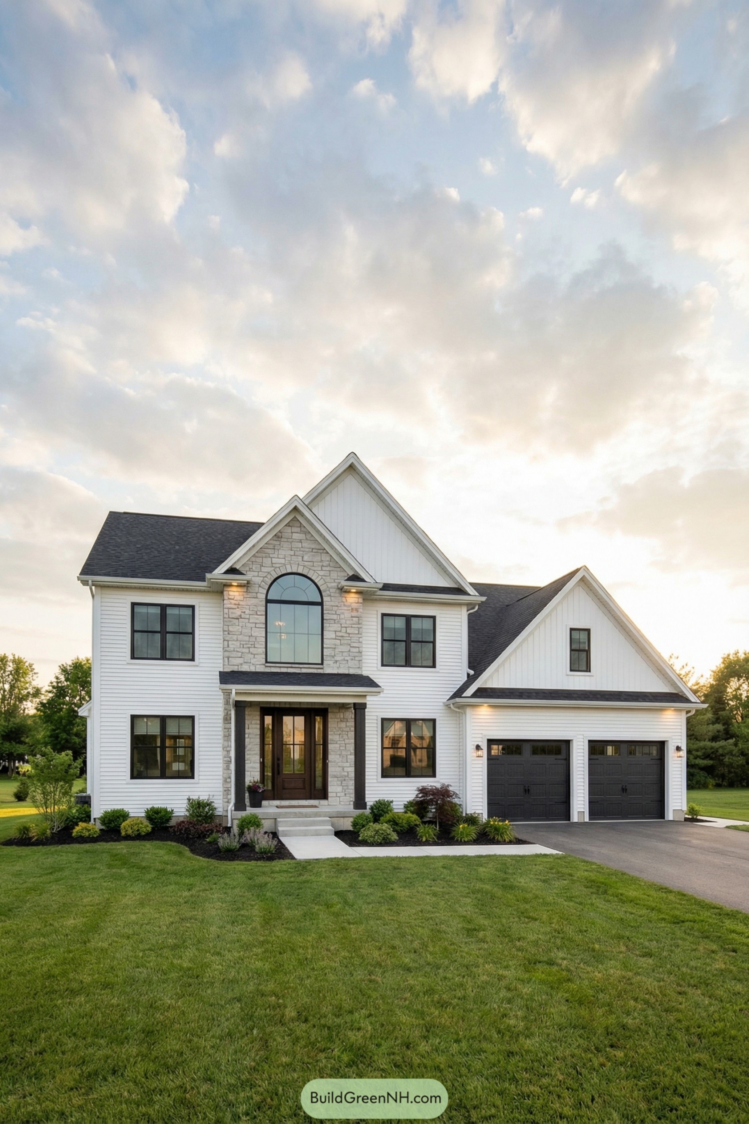 White modern farmhouse with stone accent facade and large arched window over the entry
