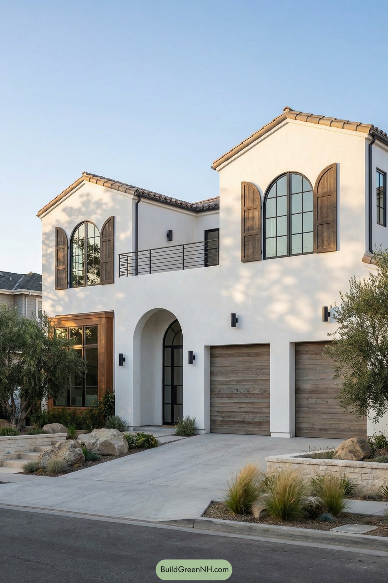 Modern white two story home with tall arched windows and wooden shutters above a double garage and desert style landscaping