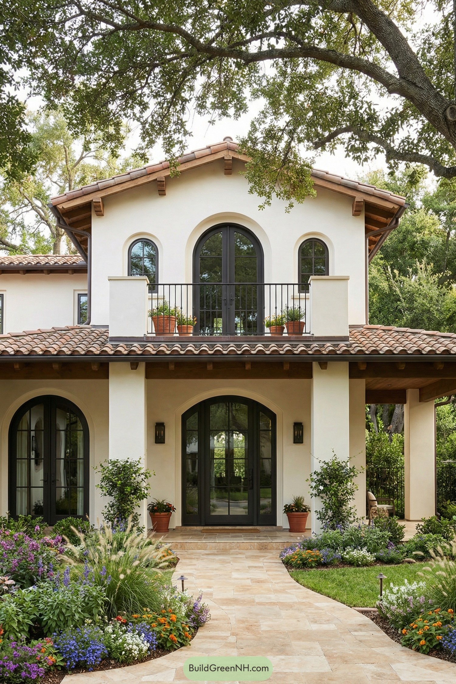 Stucco Mediterranean home with black arched doors and windows, tiled roof, and lush flower-lined entry path