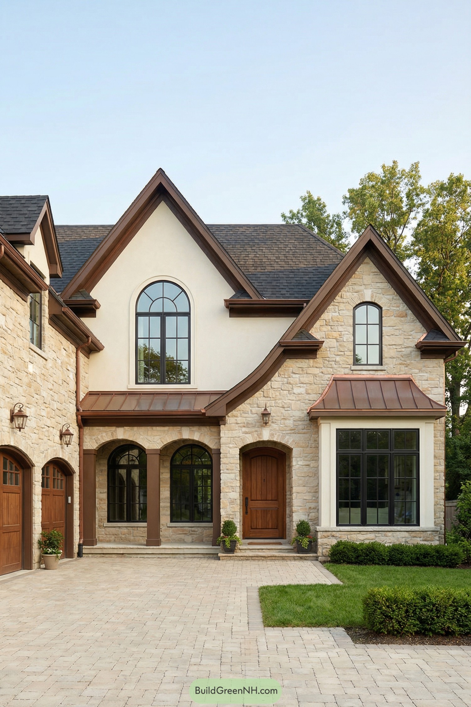 Stone and stucco home front with arched windows and copper details