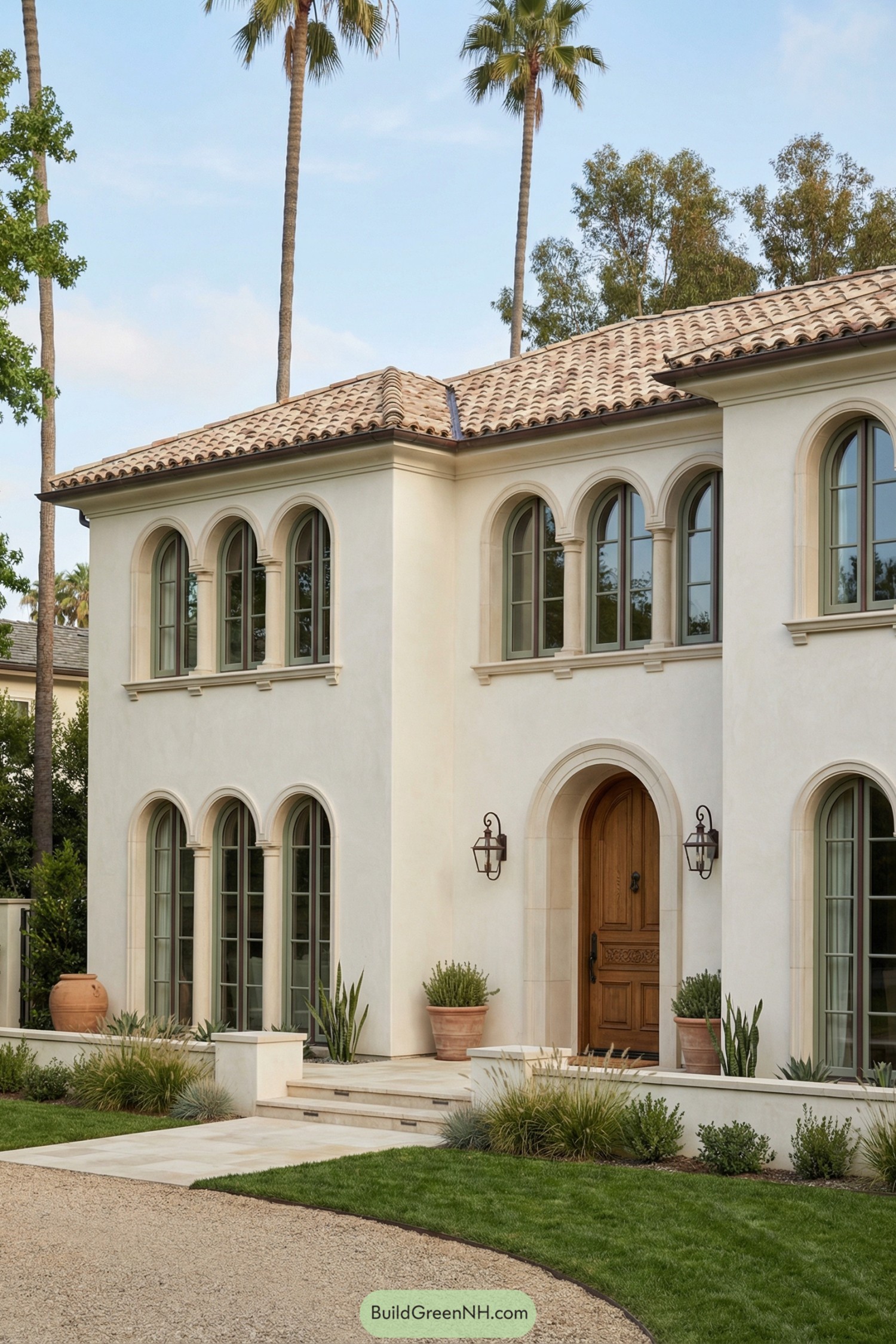 Stucco Mediterranean house with tall arched windows and tiled roof