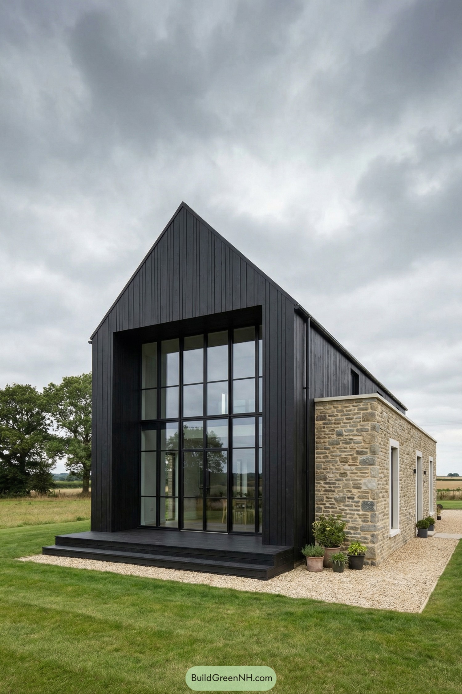 high-res photo of house exterior with Tall Windows, contemporary barn-inspired facade combining a dark vertical timber-clad main volume and a low rectangular stone-clad wing, overall shape defined by a tall narrow gabled block joined to a flat-roofed linear block, exterior colors dominated by matte charcoal-black wood, warm beige and gray fieldstone, and neutral black window frames, main volume material in tight vertical wooden boards with a deep recessed gable opening, secondary volume in irregularly sized natural stone courses with light mortar, roofing formed by a steep metal or slate-clad gable on the black volume and a hidden flat roof on the stone wing, front gable filled with a dramatic two-story grid of floor-to-ceiling glass panels forming large Tall Windows with slim black mullions, additional small square windows with black frames and flower boxes on the timber facade, three narrow vertical Tall Windows with white surrounds evenly spaced on the stone wall, no front door visible from this angle, simple raised black timber base forming a shallow platform under the glass, light gravel path running along the facade, minimal outdoor decor with a few potted plants beneath windows, landscaping of neatly cut green lawn gently sloping away from the house, mature leafy trees in the background, open countryside horizon partly visible, moody overcast sky with thick clouds creating soft diffused light, overall scene calm, clean, and picture-worthy with strong geometric lines and contrasting natural textures, real-life photo, high-resolution, architectural photography, soft lighting, cinematic composition.