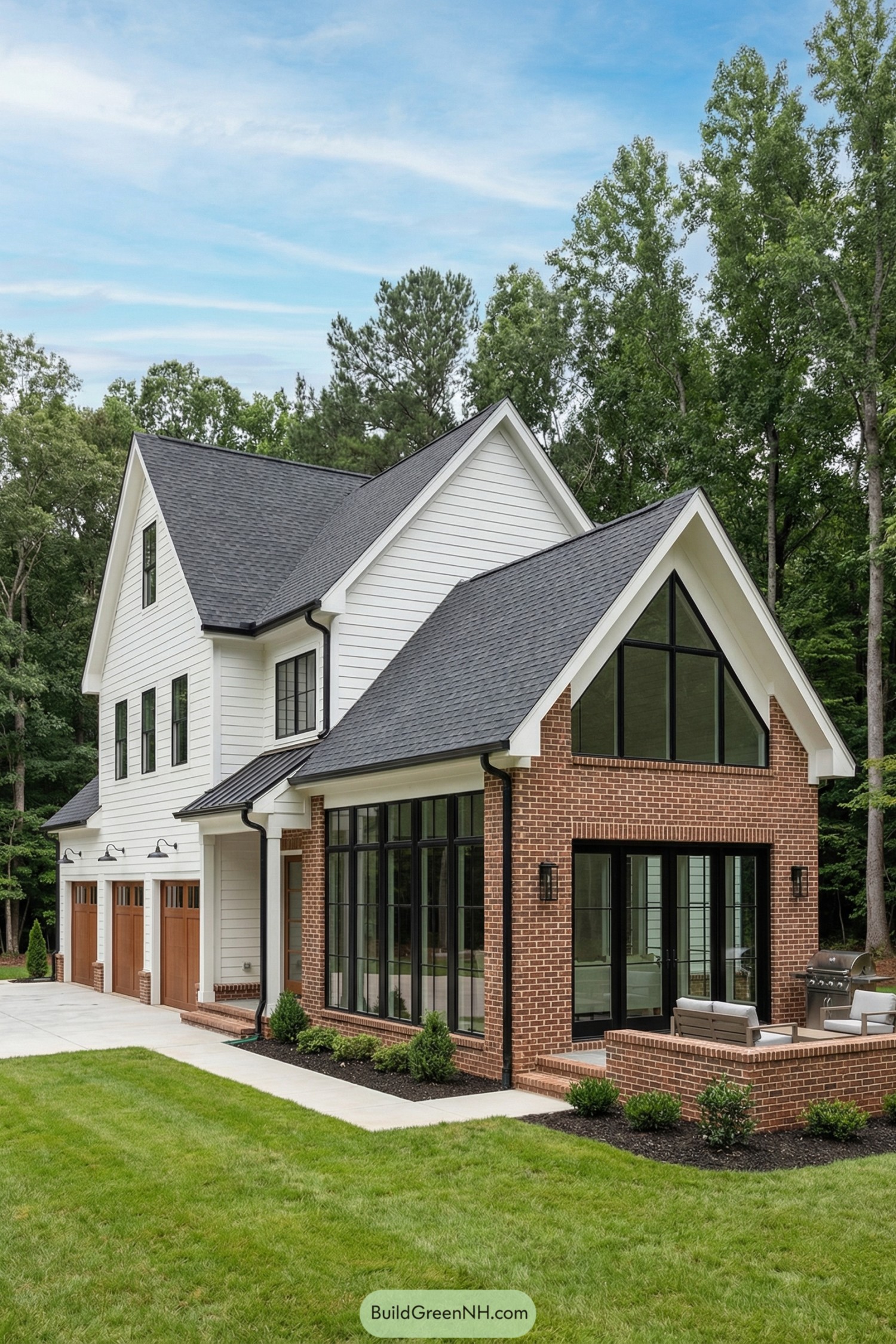 Modern farmhouse with white siding, brick gabled wing, and tall black-framed windows opening to a patio