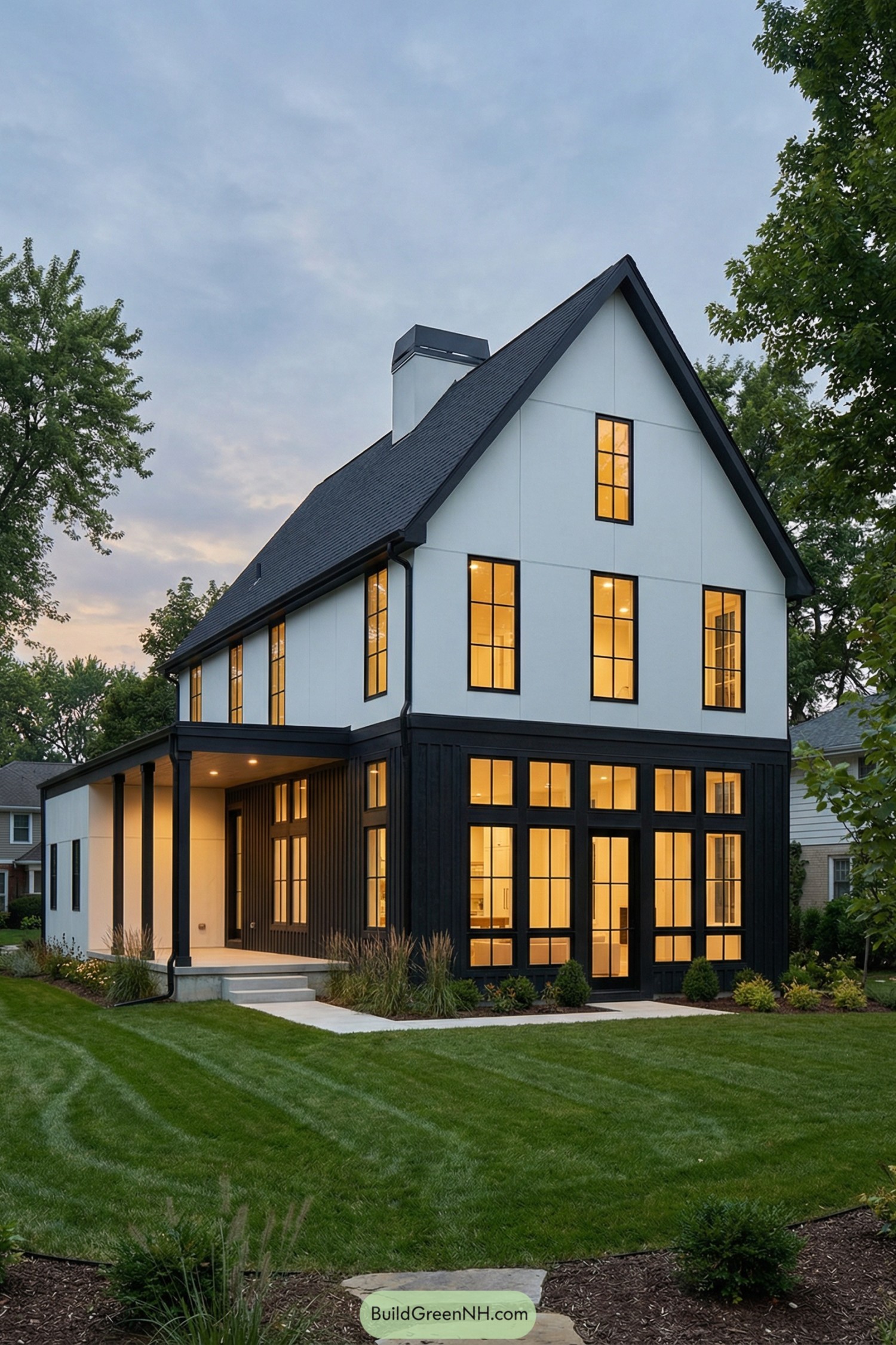 Modern black and white gabled house with expansive tall windows and covered side porch at dusk