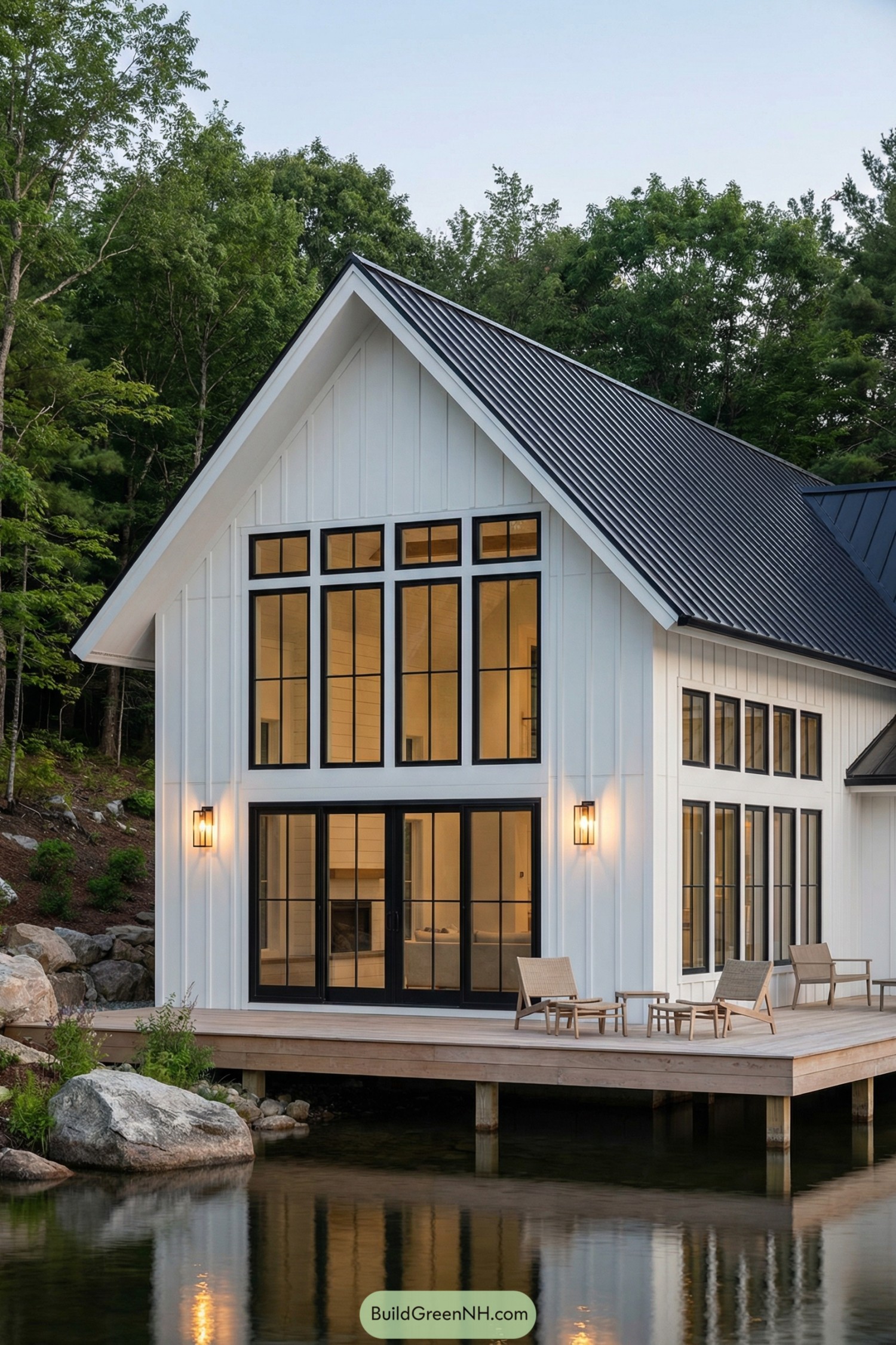 White lakeside house with tall black-framed windows and deck over the water