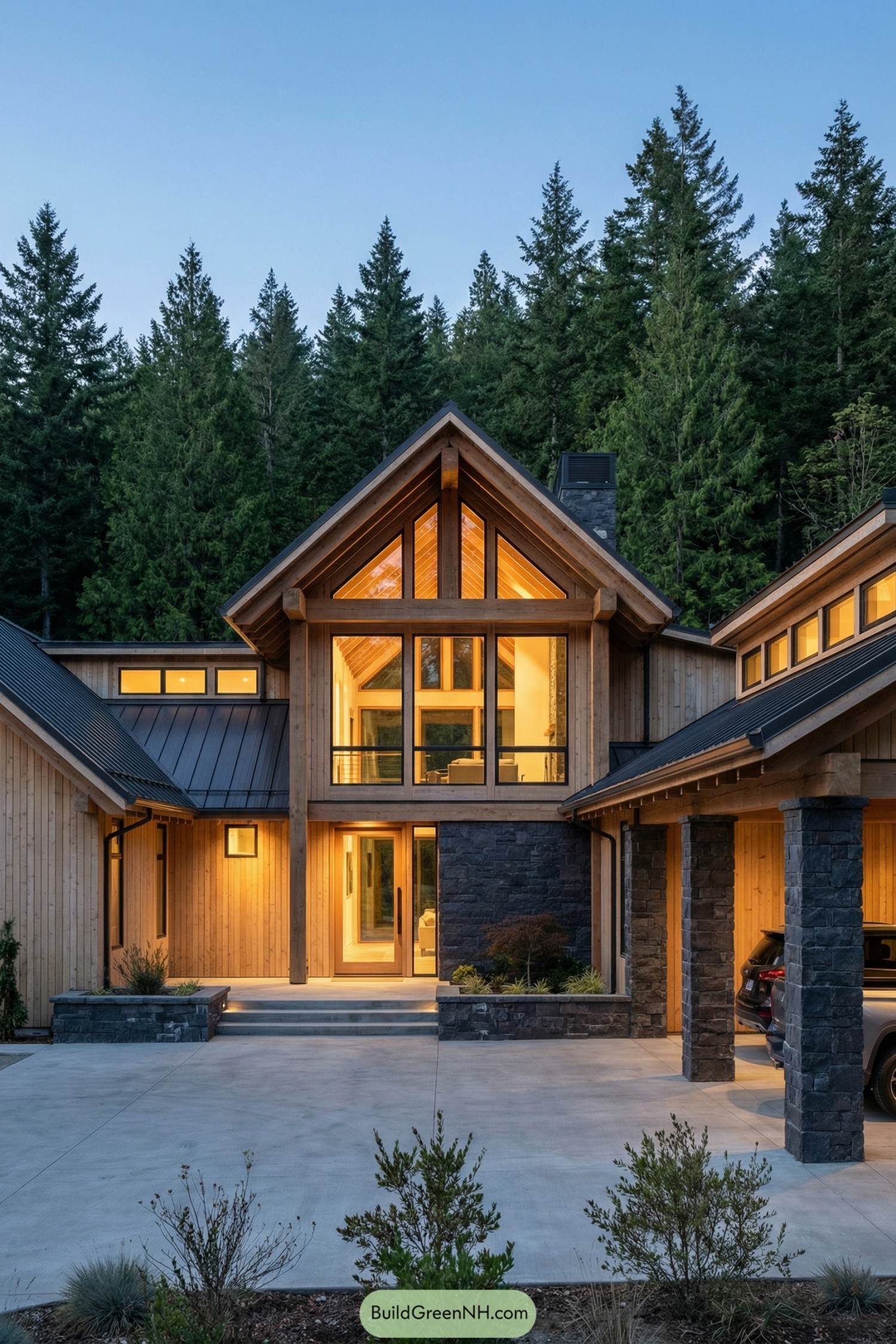 Warm timber mountain house with tall glass entry framed by dark stone and metal roof
