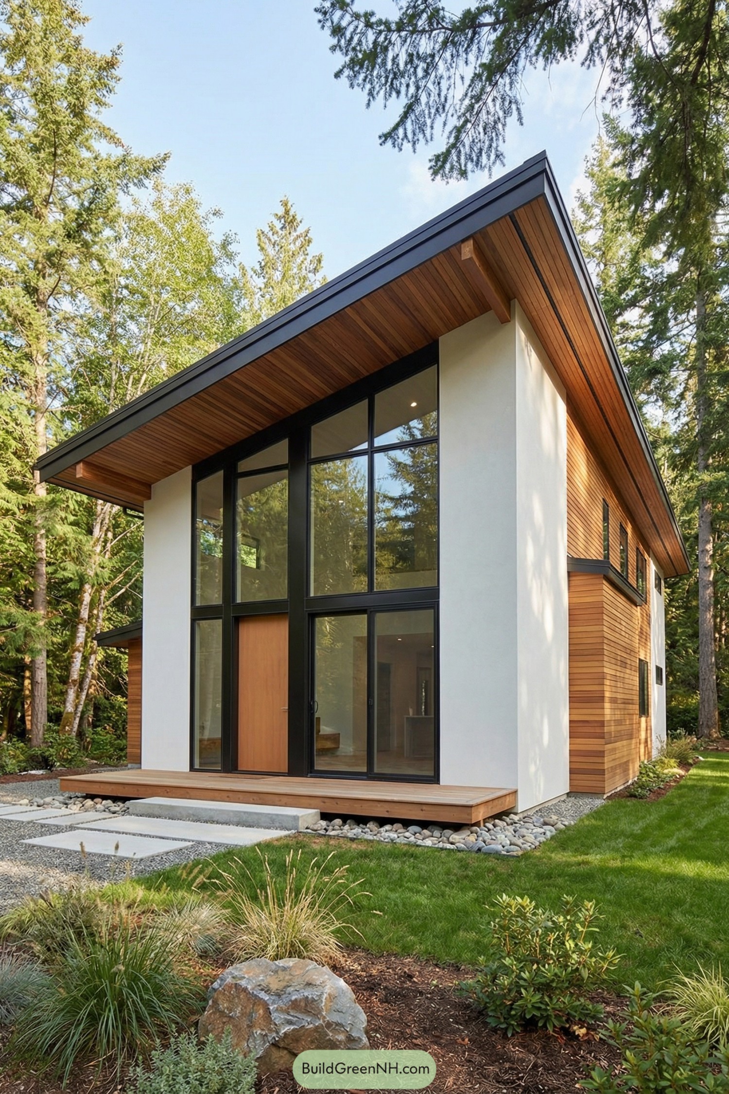 Modern cabin with tall black-framed windows and wood siding in a forest setting