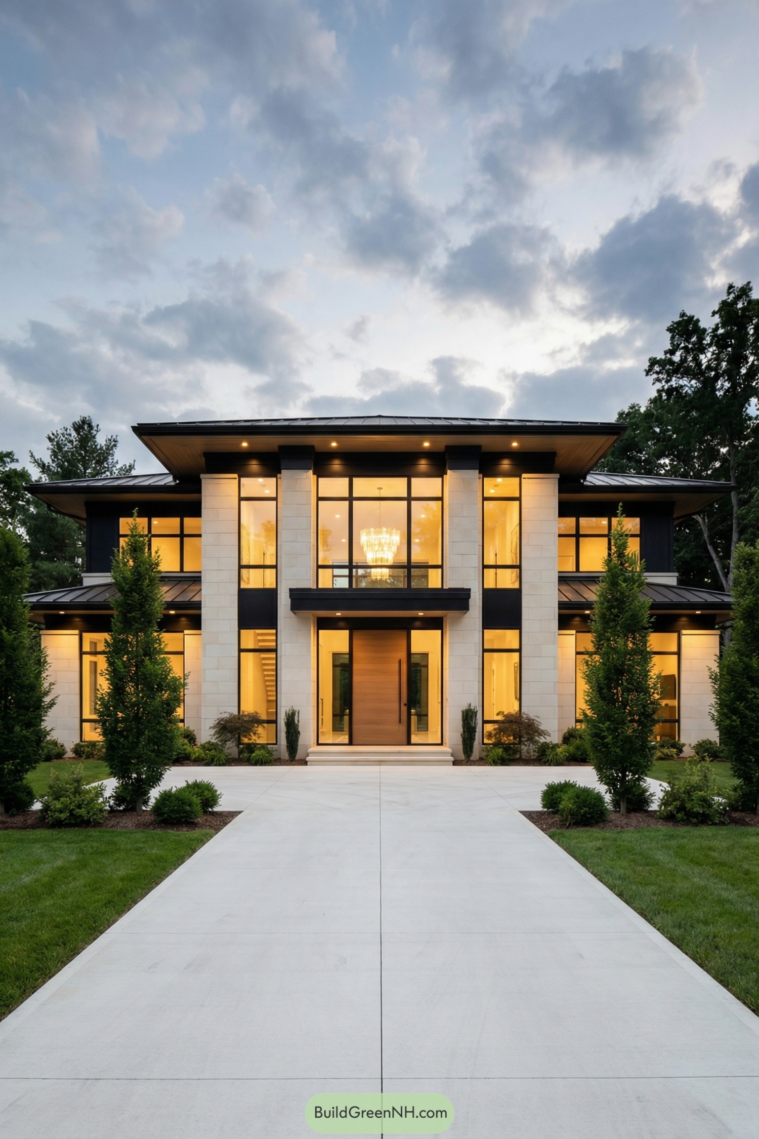 Two-story modern home with tall grid windows, stone columns, and a central wood entry door along a straight concrete drive. Warm interior lighting glows through expansive glass, framed by manicured trees and lawn