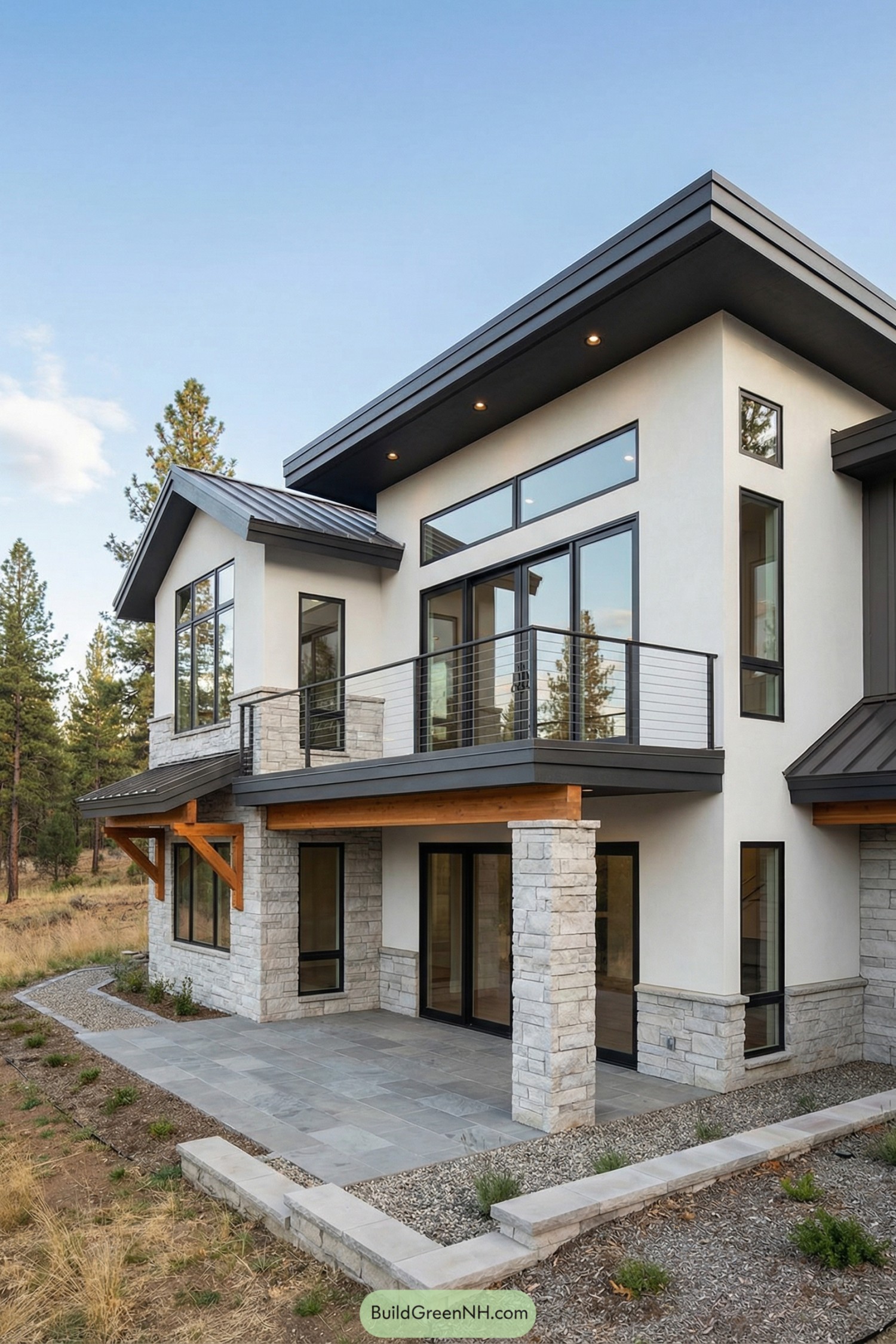 Two-story modern house with large vertical windows and stone accents