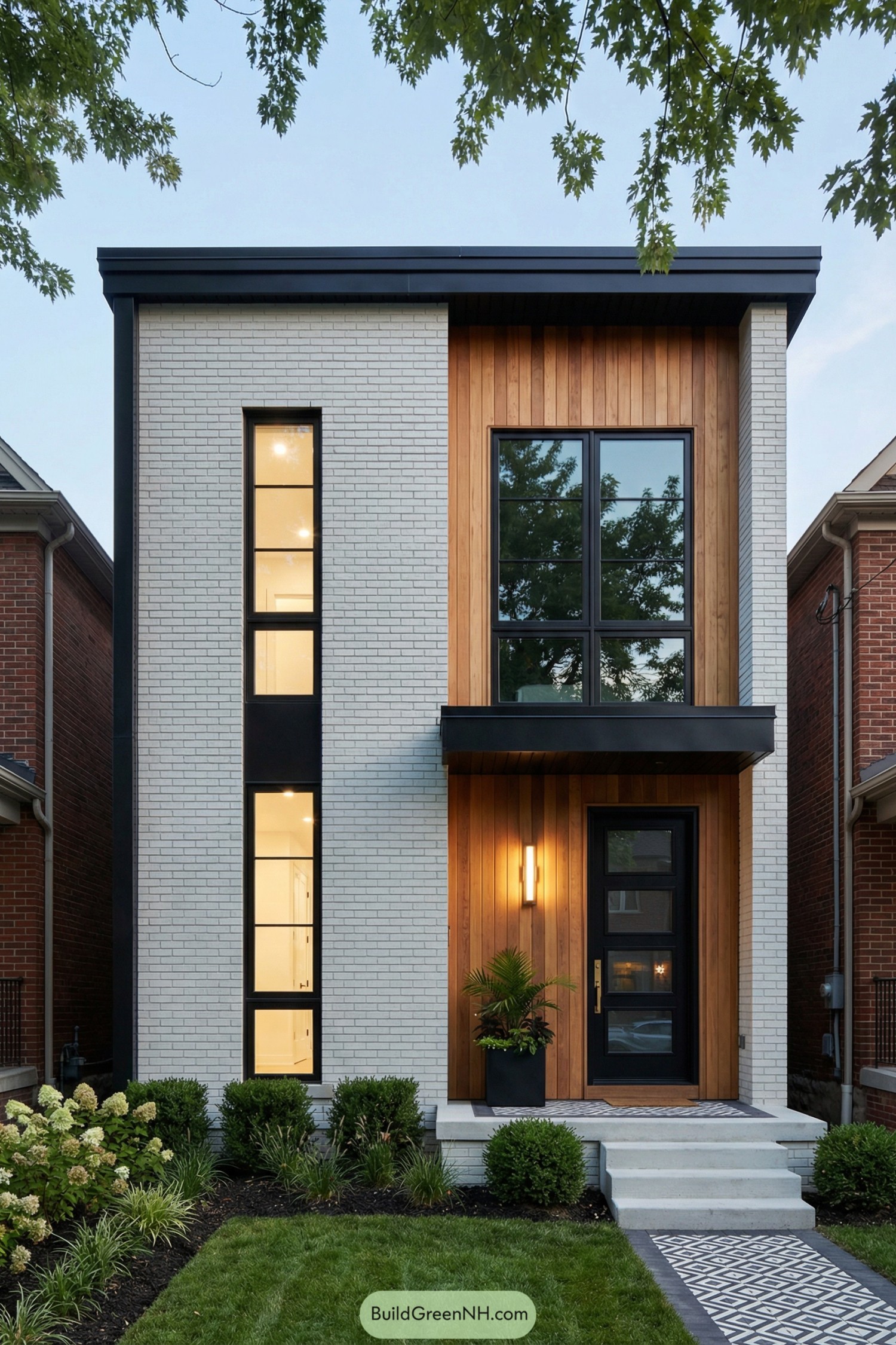 Modern narrow house with tall vertical windows and mixed brick and wood front