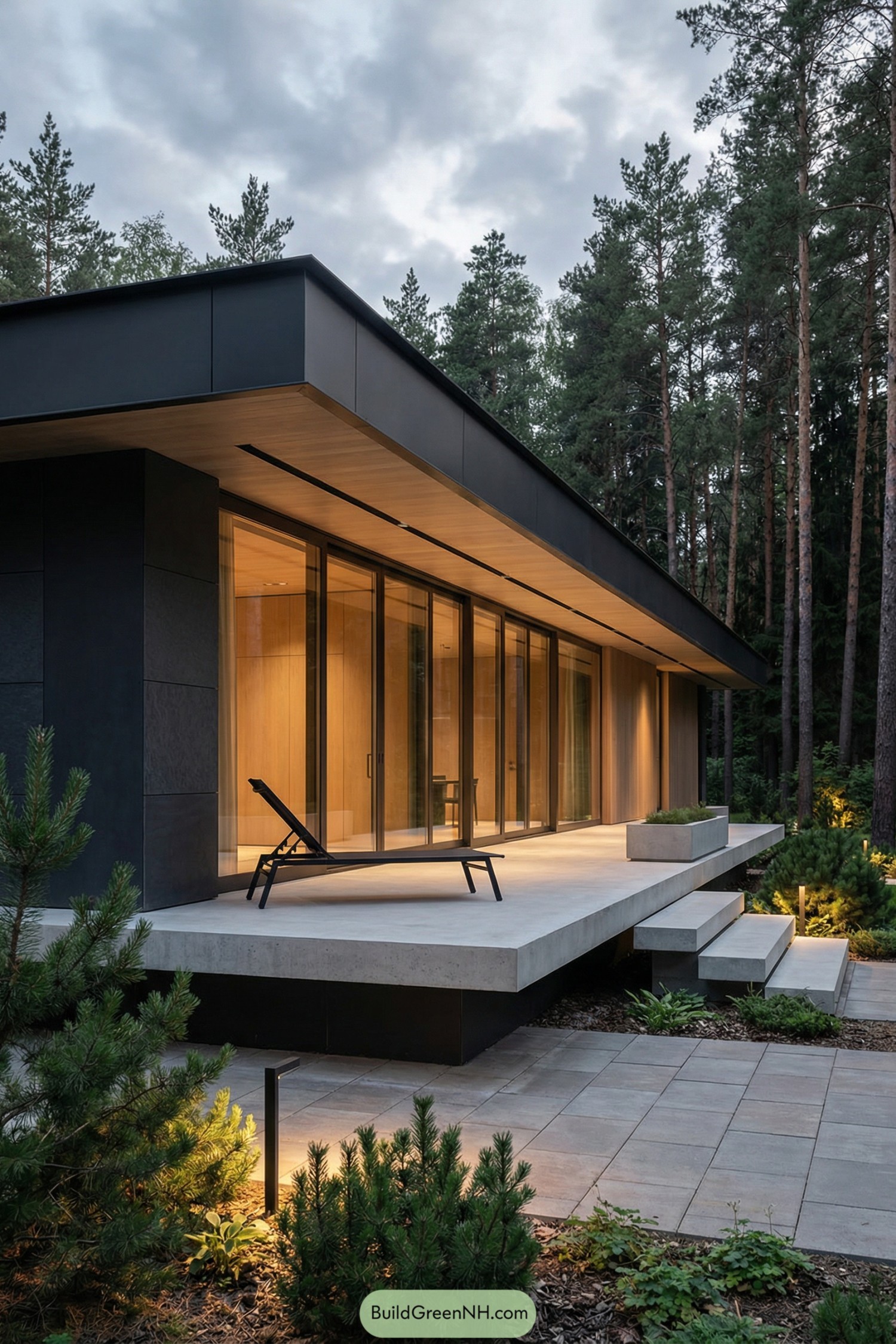 Modern low-profile house with tall sliding glass doors opening onto a concrete terrace in a forest setting