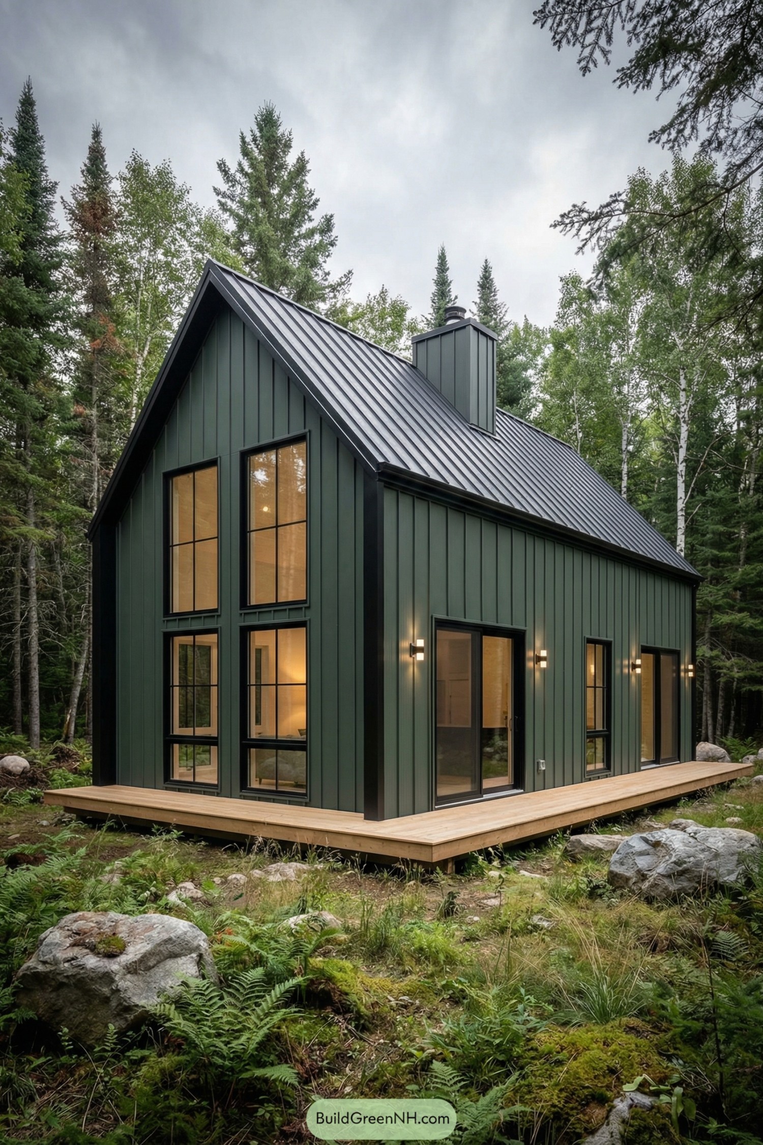 Modern dark-green cabin with tall black-trim windows and a simple gable roof set on a wood deck in a forest clearing