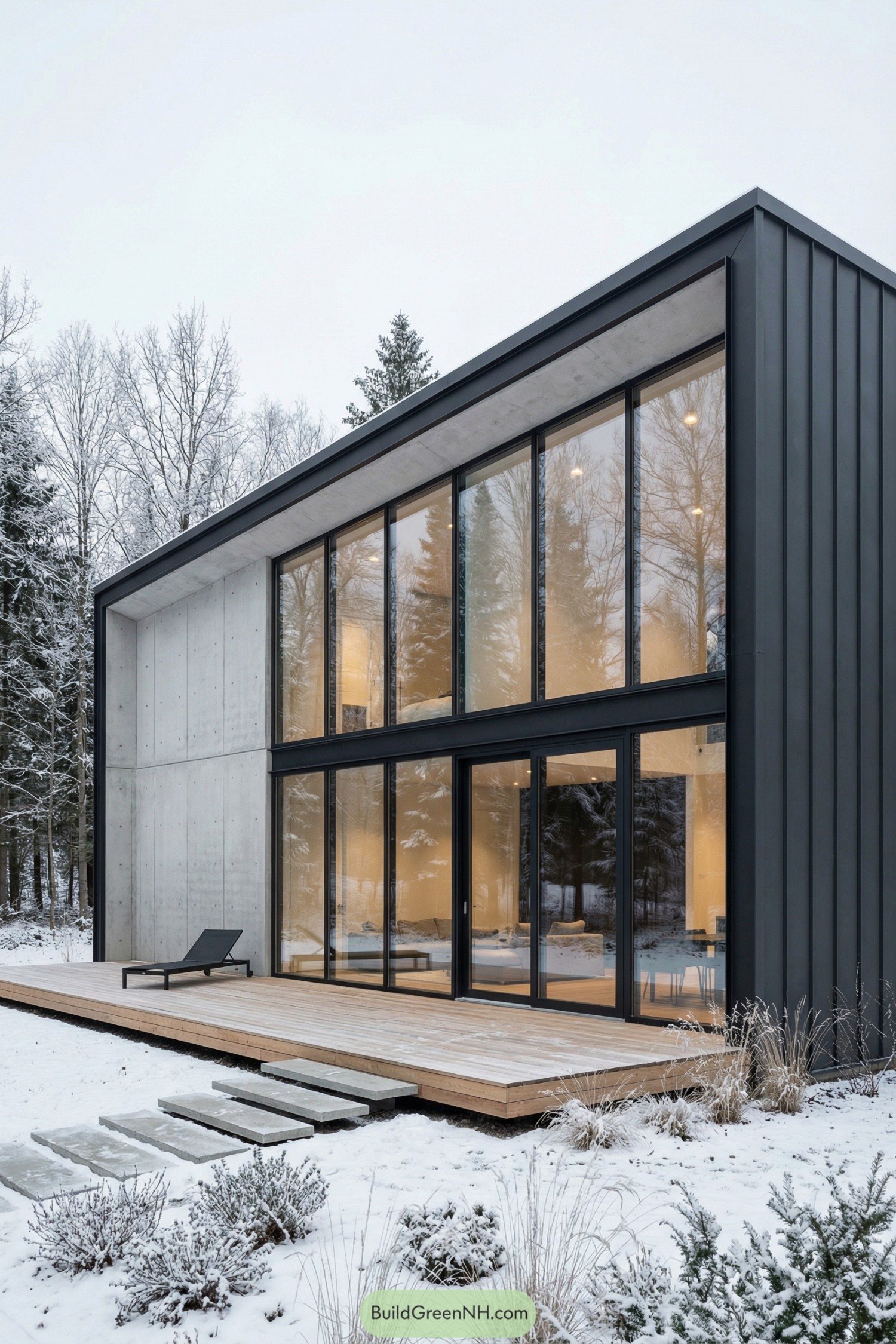 Modern cabin with tall glass facade in snowy forest setting