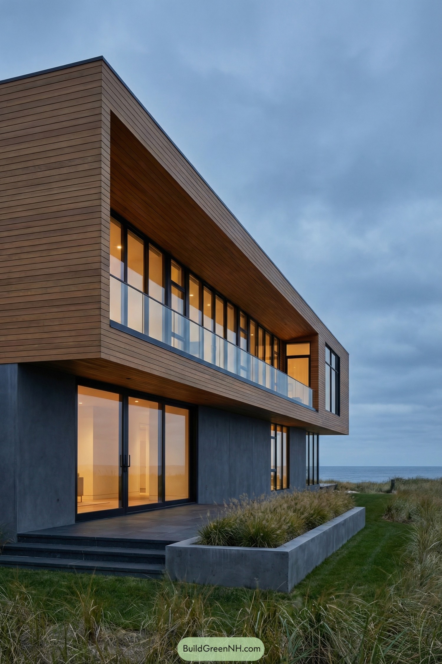 Modern two-story beach house with long band of tall windows and wood-clad upper level cantilevering over a concrete base
