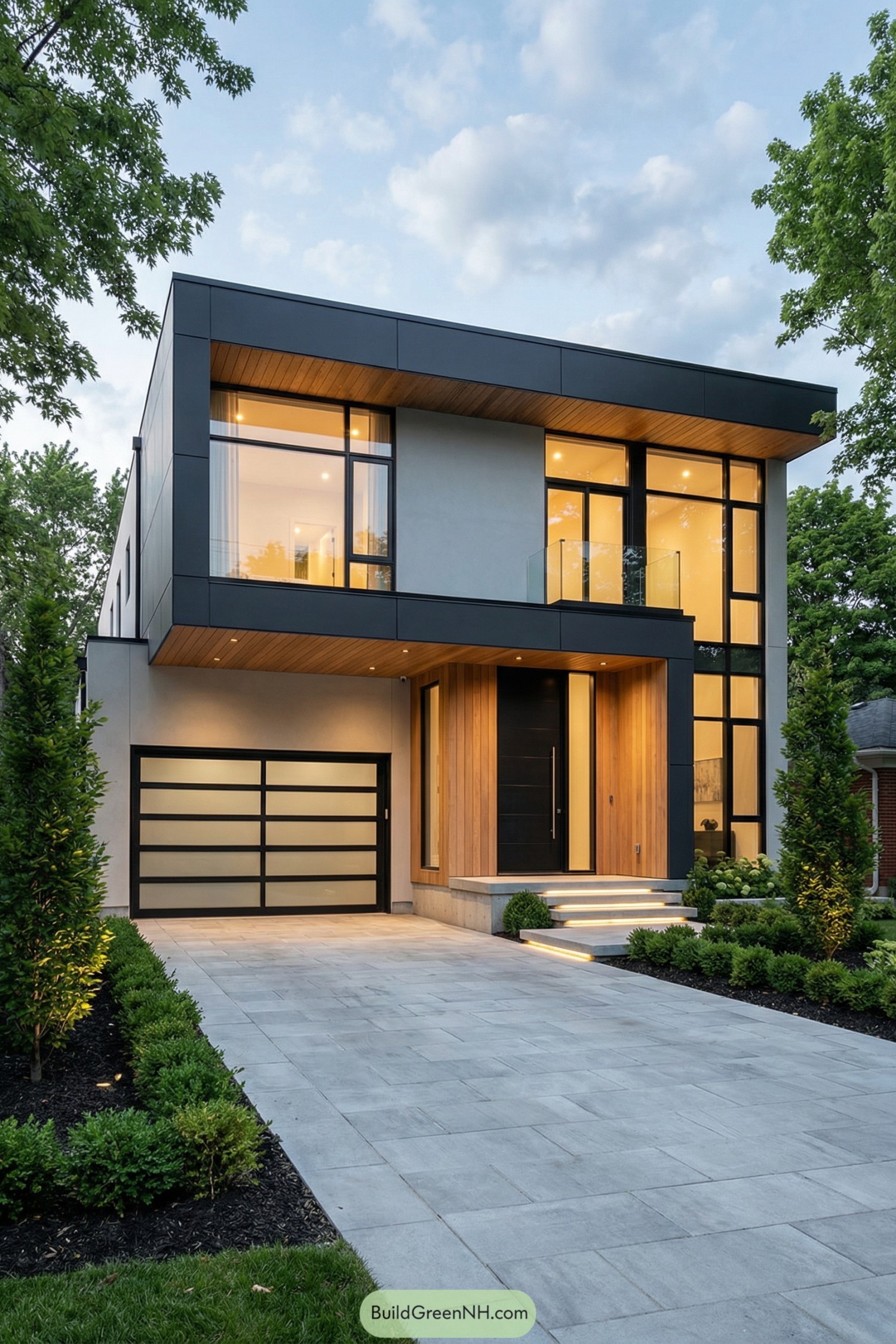 Modern two story house with tall black framed windows wood accents and a sleek driveway