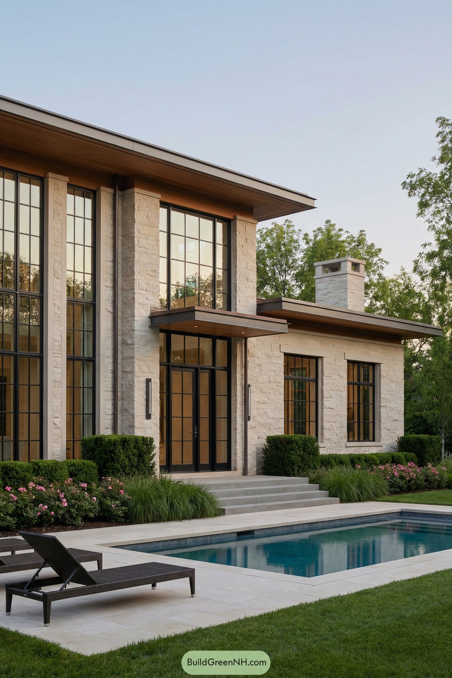 Contemporary stone house with tall poolside windows