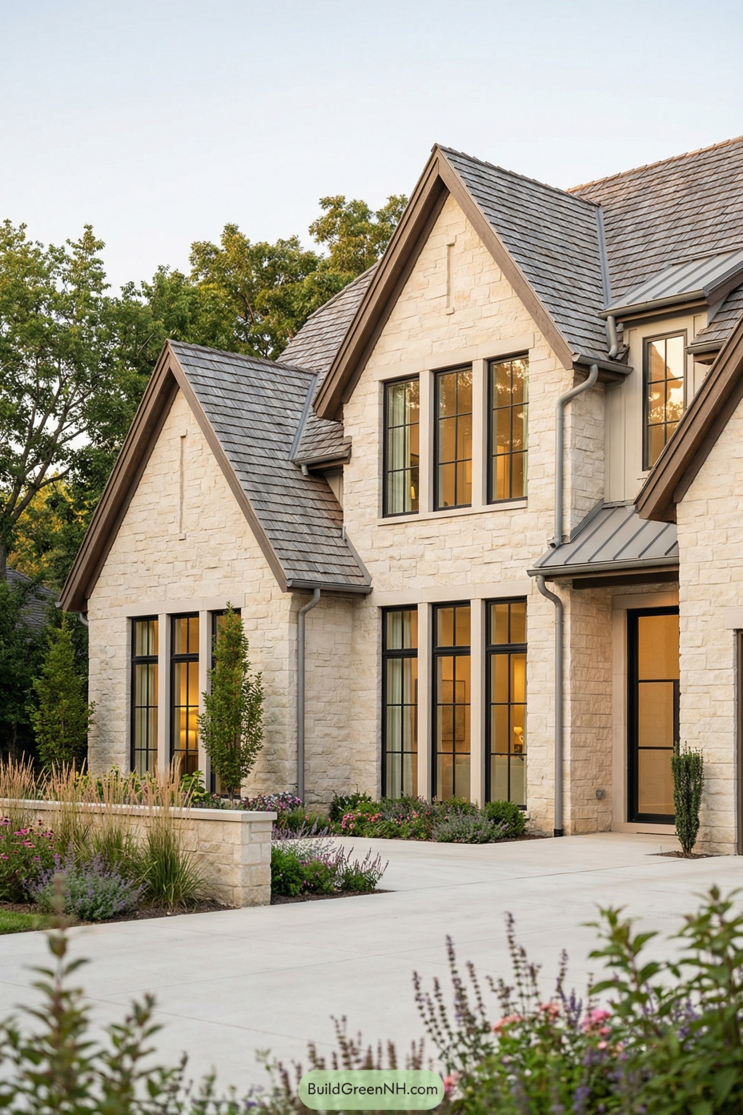 Cream stone house exterior with tall black-framed windows and steep gabled roof