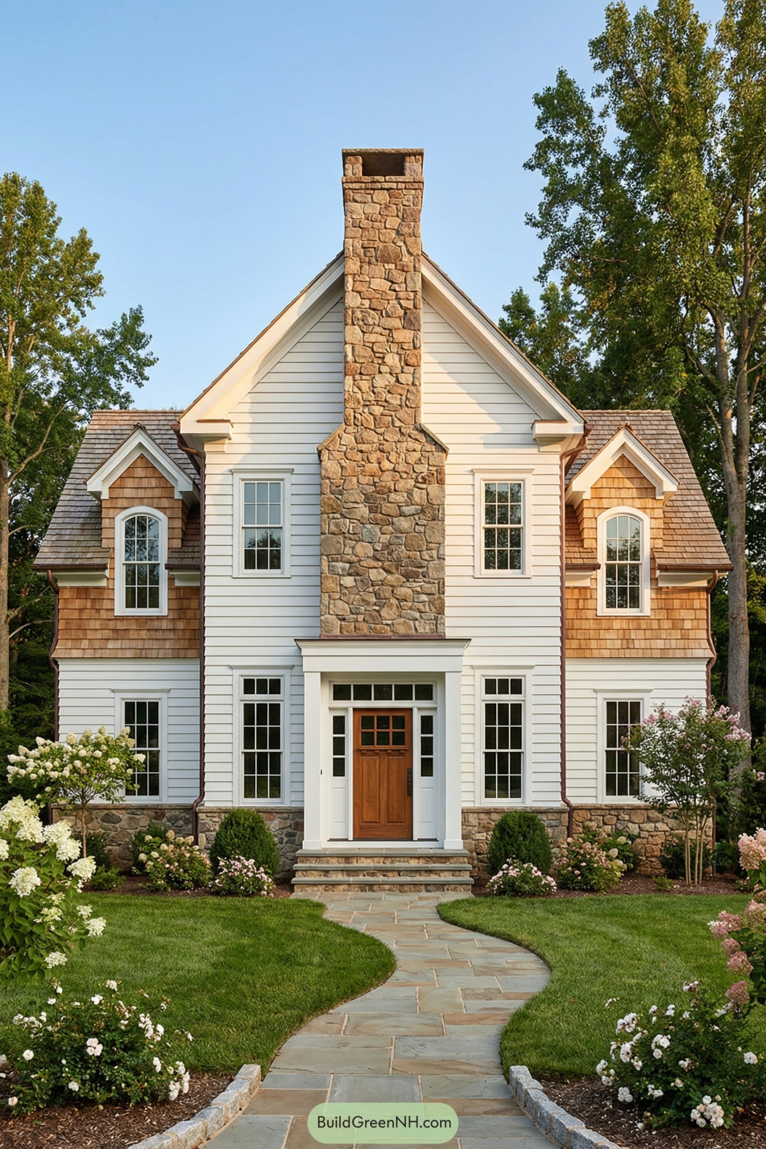White shiplap house with central stone chimney and cedar accents