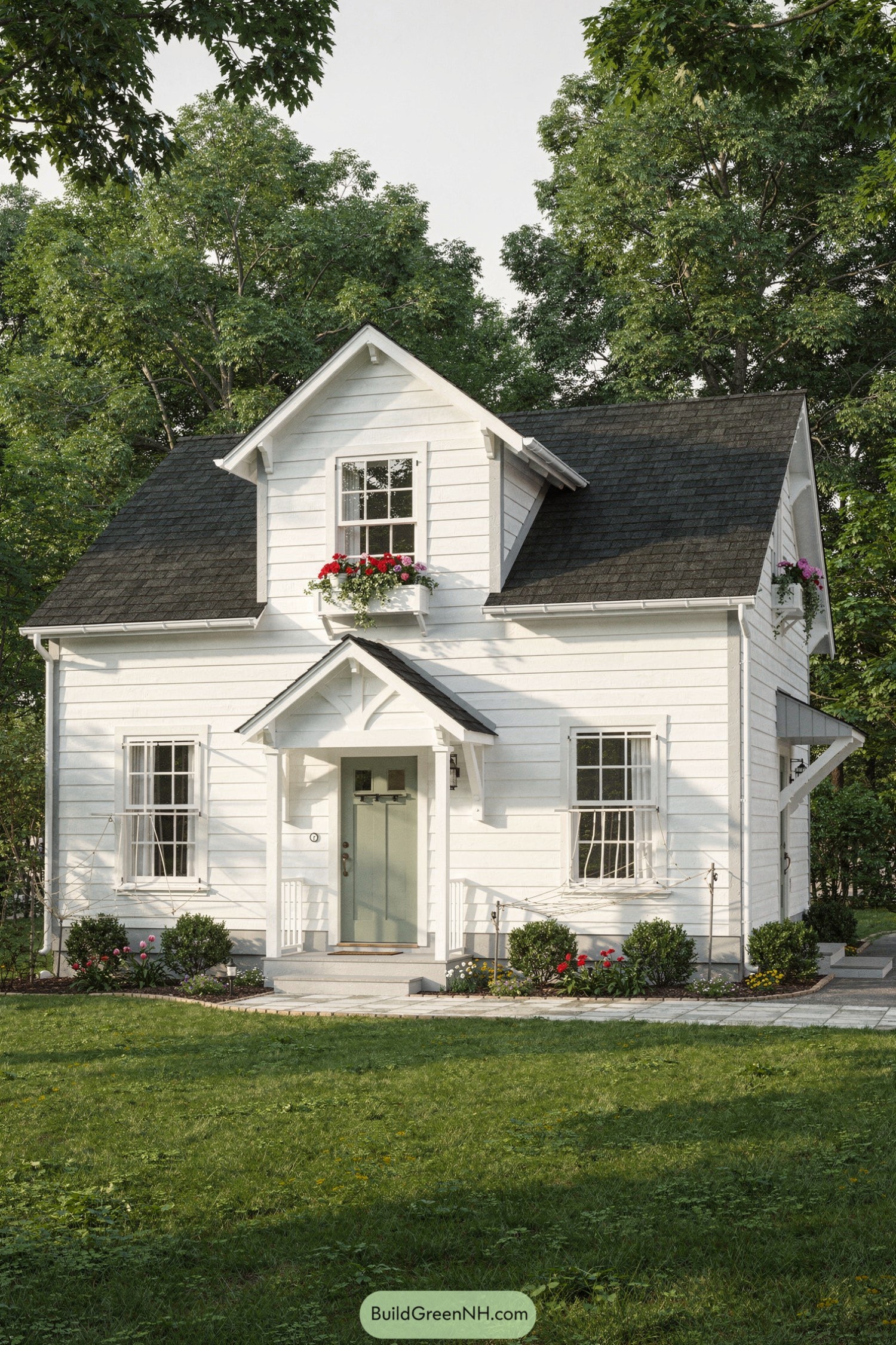 Compact white shiplap cottage with gabled roof, soft green front door, and colorful flower boxes framed by lush trees
