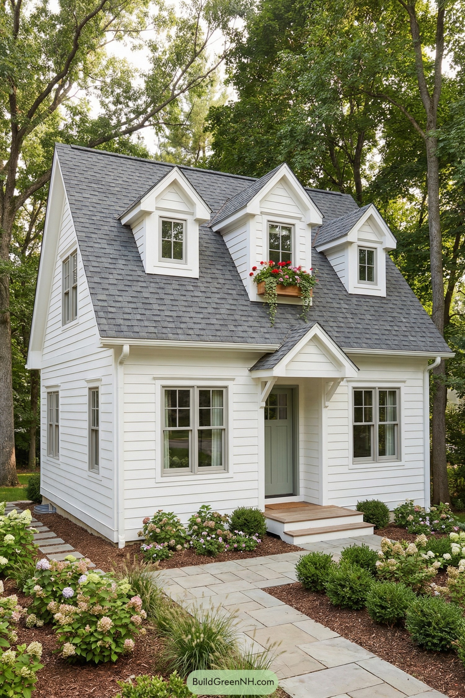 high-res photo of house exterior with White Shiplap; classic cottage-style facade with steep front-facing gables and a prominent central dormer; clean horizontal white shiplap cladding on all visible walls, crisp white corner boards and eave trim, subtle grey accents on window casings. Colors in cool palette: white siding, medium charcoal-grey roof shingles, soft grey gutters, muted natural wood tones on porch and steps, bright green foliage, vivid colors in flowers. Compact rectangular main volume with a slightly projecting entry bay and symmetrical gables; dormers scaled modestly with pitched roofs aligning with main roof slope. Materials: painted wood shiplap siding, asphalt shingle roofing, painted wood trim, wooden porch decking, stone or paver walkway, simple painted wooden flower boxes below several windows. Roof: steeply pitched asphalt shingle roof in dark charcoal with regular rectangular tabs, neat ridge line, small white gabled dormers each with subtle decorative brackets and clean fascia boards. Windows: white-painted wood frames, divided-light panes in a simple 2-over-2 or 4-pane pattern, one dormer window centered above the roof plane with a deep sill and integrated flower box overflowing with red and pink blooms and trailing greenery. Door: single front door slightly recessed under a small gabled overhang, painted muted sage or deep charcoal, vertical wood panels, minimal glazing at upper section, simple black metal handle and hinges. Outdoor area: narrow front porch with two or three wooden steps, low white railing on one side, stone or brick paver path leading from foreground to entry, small seating bench or simple planter near door. Landscaping: manicured green lawn, low flowering shrubs and perennials along the base of the facade, clustered hydrangeas and boxwoods, small ornamental grasses, well-defined mulch beds, a few scattered potted plants on the porch. Surrounding background: tall mature trees with dense green foliage framing roofline, soft dappled light filtering through branches, hints of additional greenery and garden elements beyond the main house, bright but diffused daylight sky barely visible through leaves. Setting and scene: slightly elevated front three-quarter view focusing on the white shiplap facade, dormer with flower box, and lush garden foreground, overall calm, photogenic suburban woodland ambience. real-life photo, high-resolution, architectural photography, soft lighting, cinematic composition