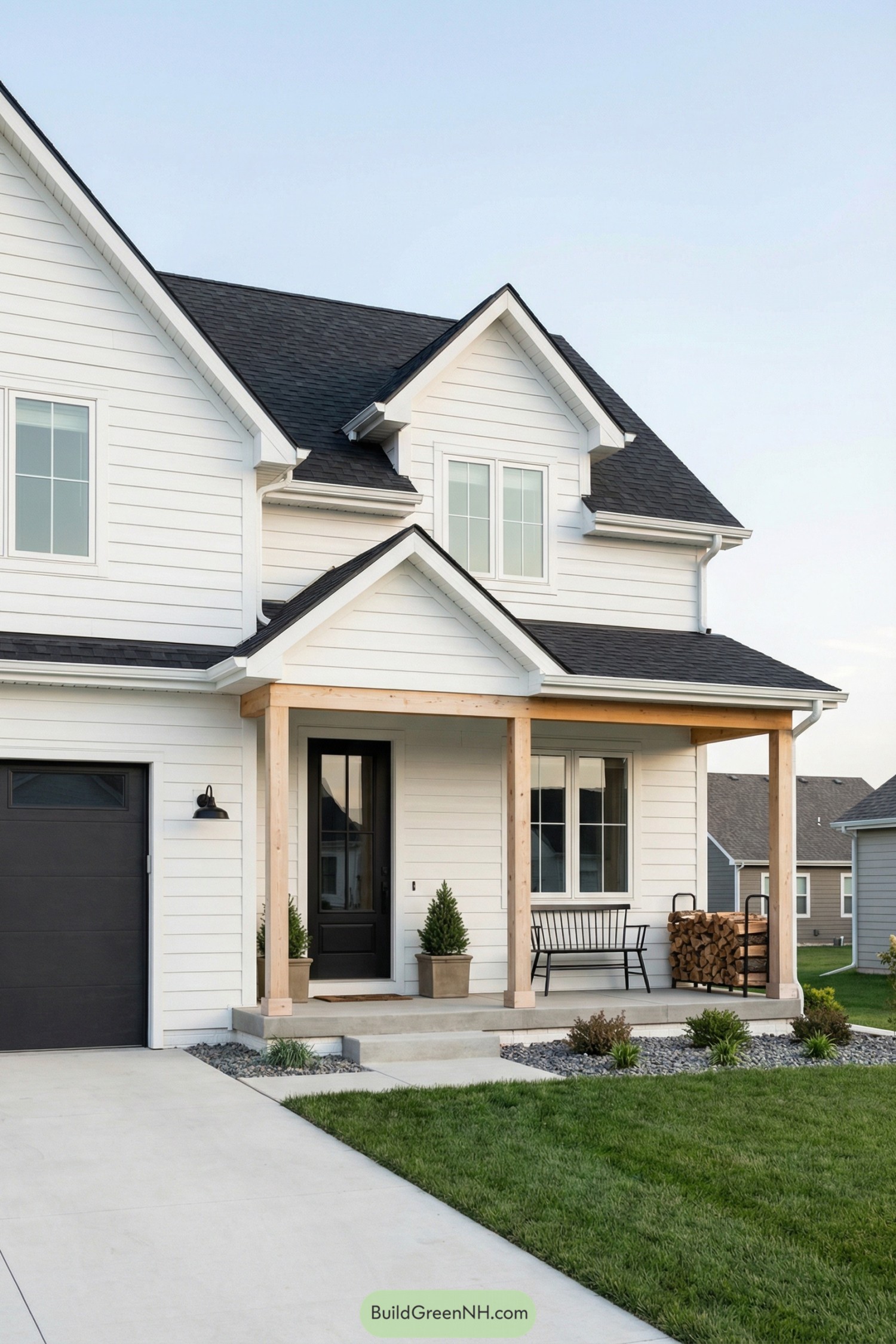 White shiplap farmhouse exterior with black trim and wood porch posts