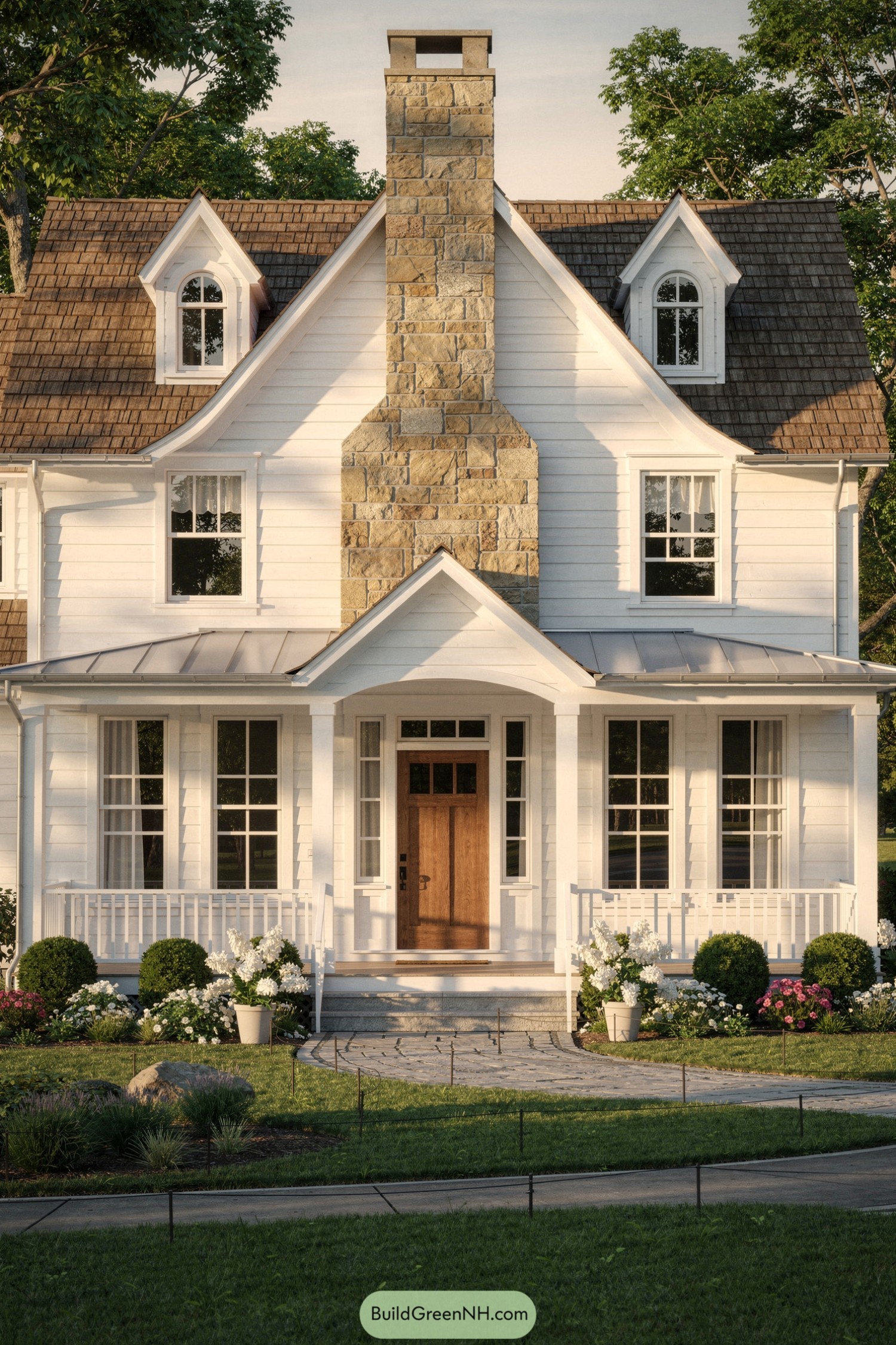 White shiplap house with tall stone chimney and welcoming front porch