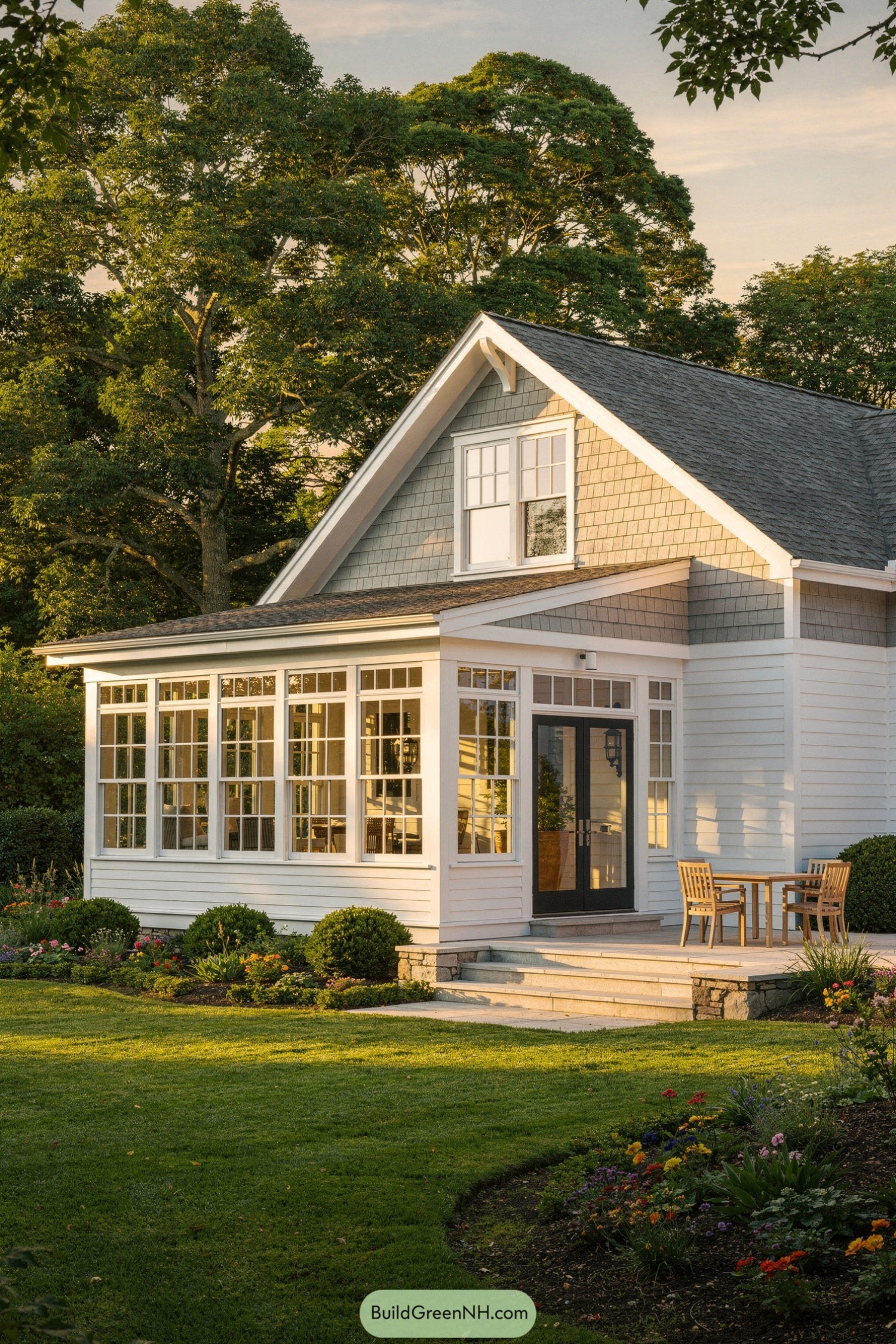 White shiplap cottage with glassy sunroom and gray shingle gable