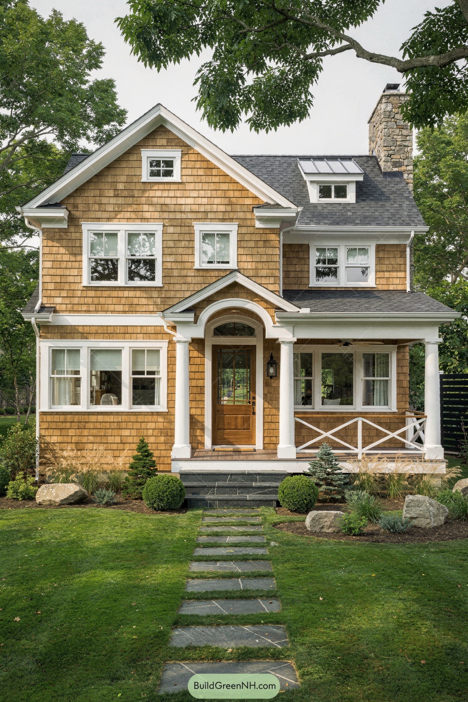 Two-story cedar shingle house with front porch