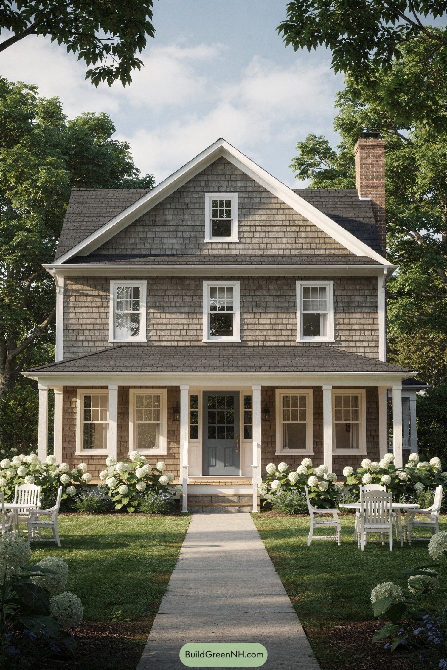 Three-story cedar shingle house with wide porch and garden seating