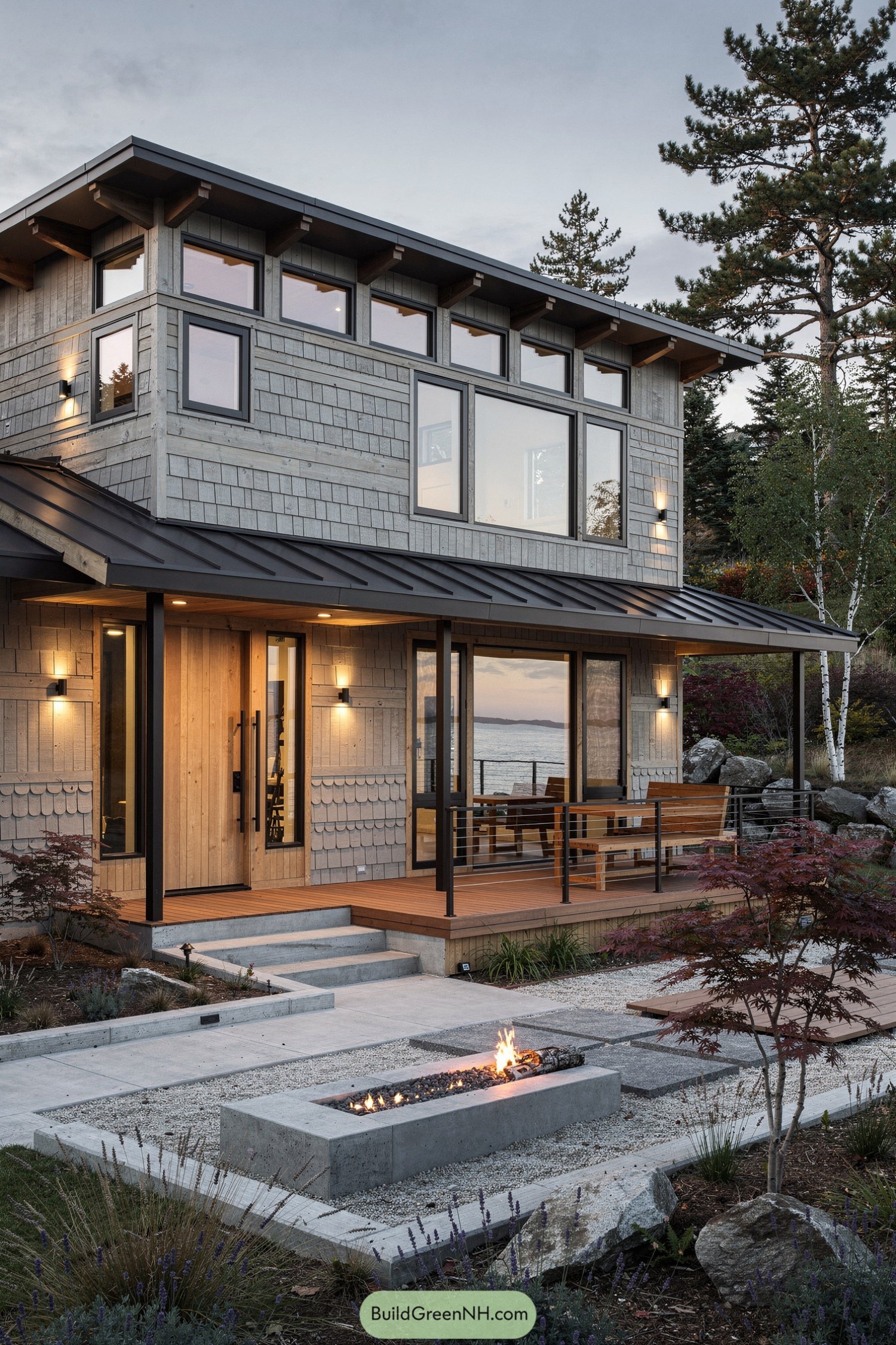 Two-story modern cedar house with firepit