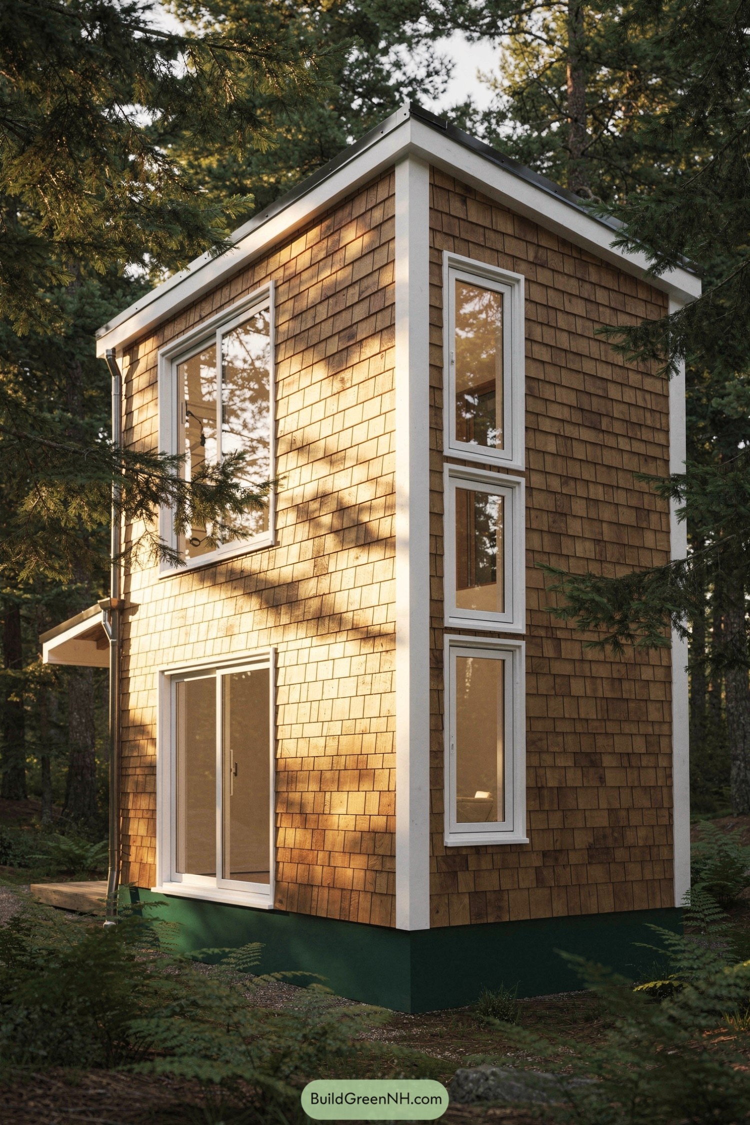 Tall narrow cedar shingle house with large modern windows in a forest setting