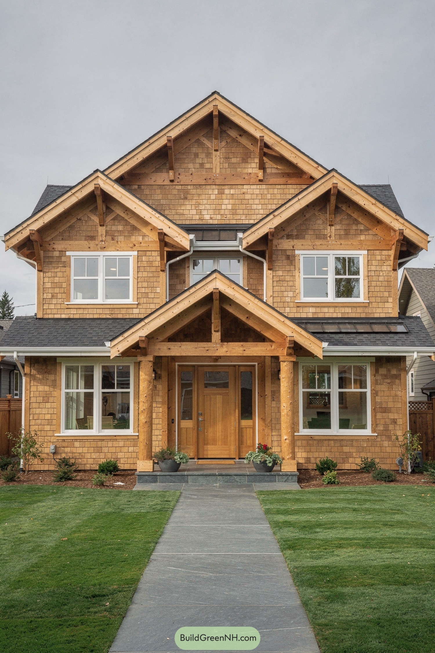 high-res photo of house with Cedar Siding, contemporary craftsman facade with strong gabled forms and a central portico, warm honey-brown cedar shingle cladding with clear-finished exposed timber beams, crisp white window trims, balanced asymmetry; colors: natural cedar amber, light tan timber, white trims, charcoal roof accents, green lawn, overcast sky; shape: two-story massing with three front-facing gables, recessed central entry volume, broad eaves and open rafter tails, rectangular footprint with slight side wings; materials: cedar shingles on walls, solid glulam posts and beams, painted wood trims, stone-look paving at entry; roofing: asphalt or composite shingles in medium charcoal, open gable roofs with layered fascia boards; windows: large rectangular casement and fixed units, white frames, divided-lite transoms at entry, consistent mullion spacing; doors: natural wood paneled front door with vertical grain, sidelights and a glazed transom, satin metal hardware; outdoor area: deep covered portico on two round timber columns, slate-toned entry path in straight line from sidewalk, small planter at threshold; landscaping: smooth green lawn, minimal edging, low foundation shrubs near corners, simple mulch beds; surrounding background: suburban context with neighboring roofs partially visible, soft gray sky, clean curbside view. real-life photo, high-resolution, architectural photography, soft lighting, cinematic composition